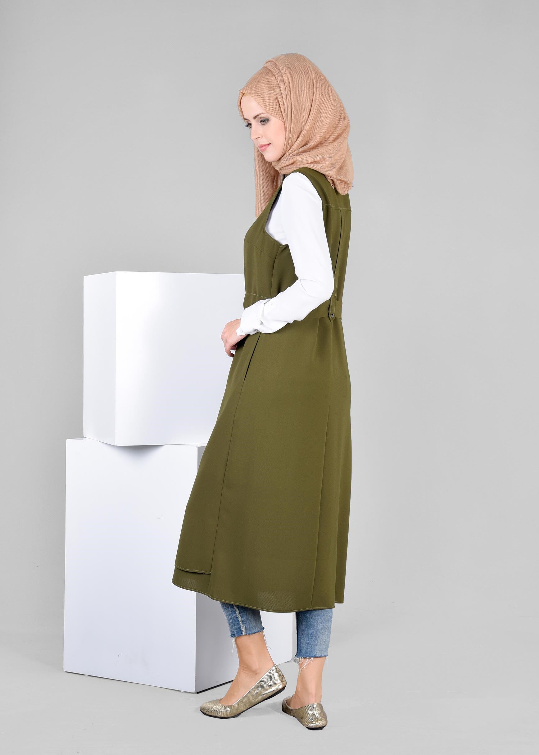 Tesettür giyim HAKİ 4128 ELVAN 3731 YELEK 38/46 TEK40