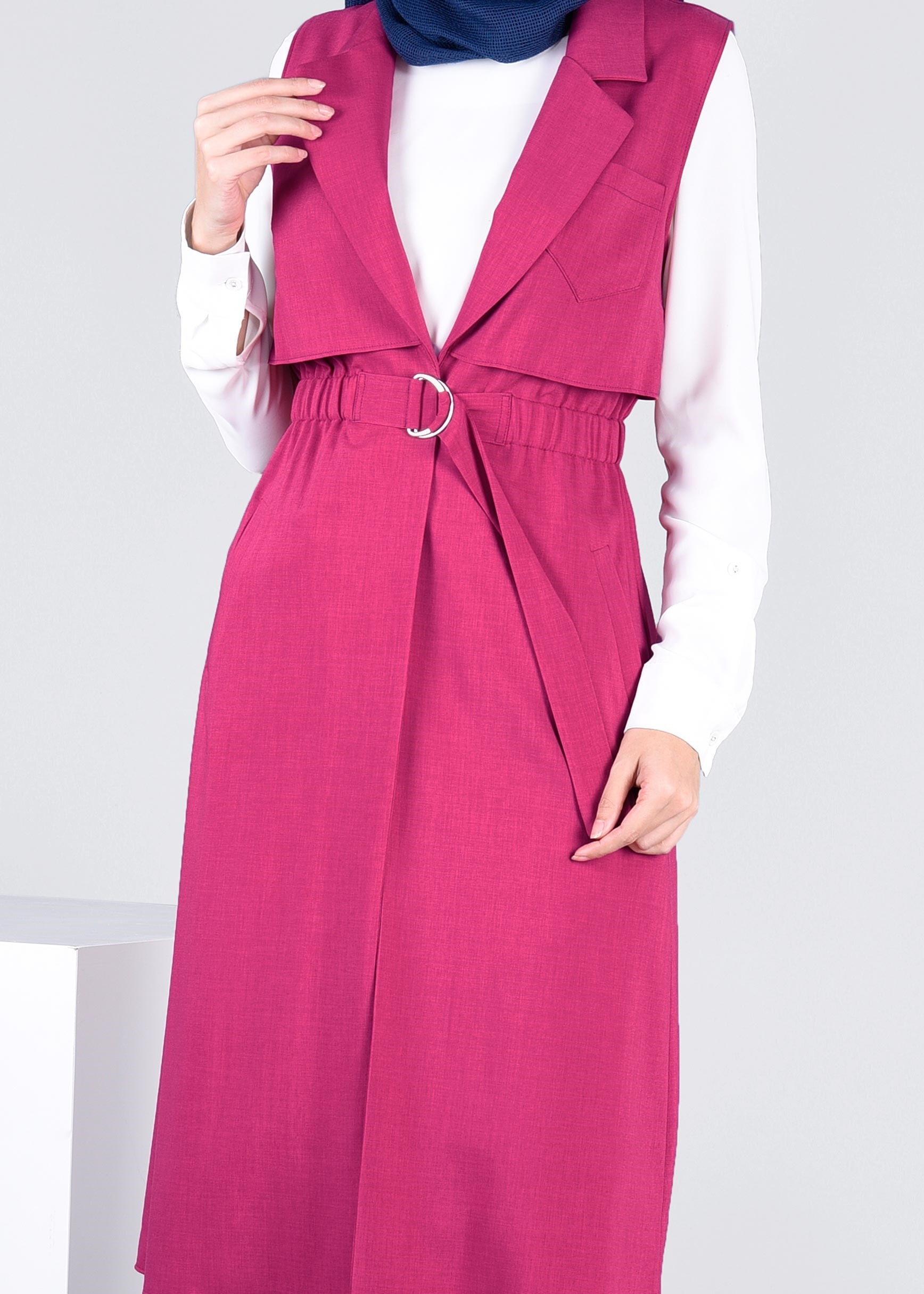 Tesettür giyim FUŞYA KLASİK YAKA BELİ BÜZGÜLÜ YELEK 4270 