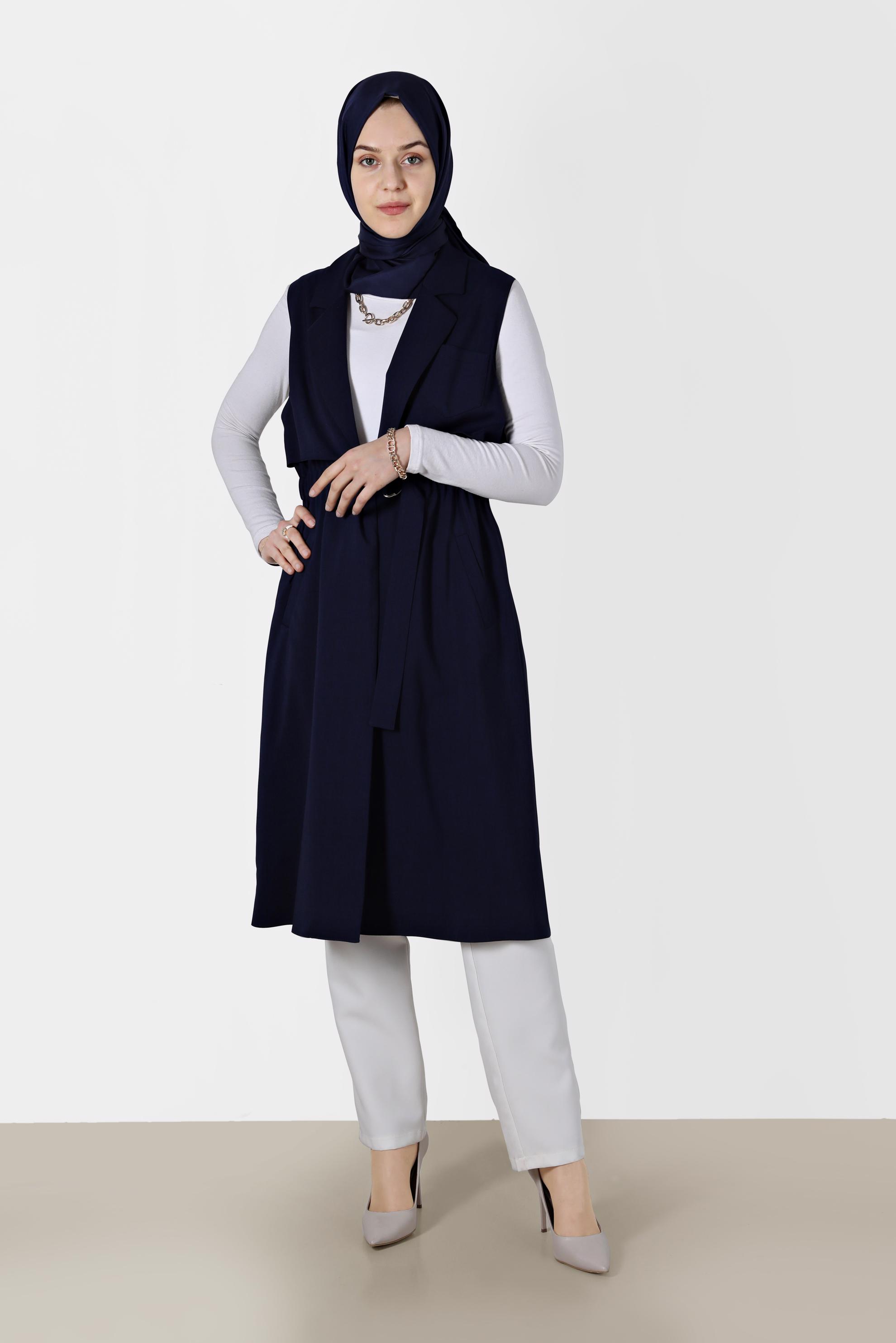 Tesettür giyim LACİVERT KLASİK YAKA BELİ BÜZGÜLÜ YELEK 4270 