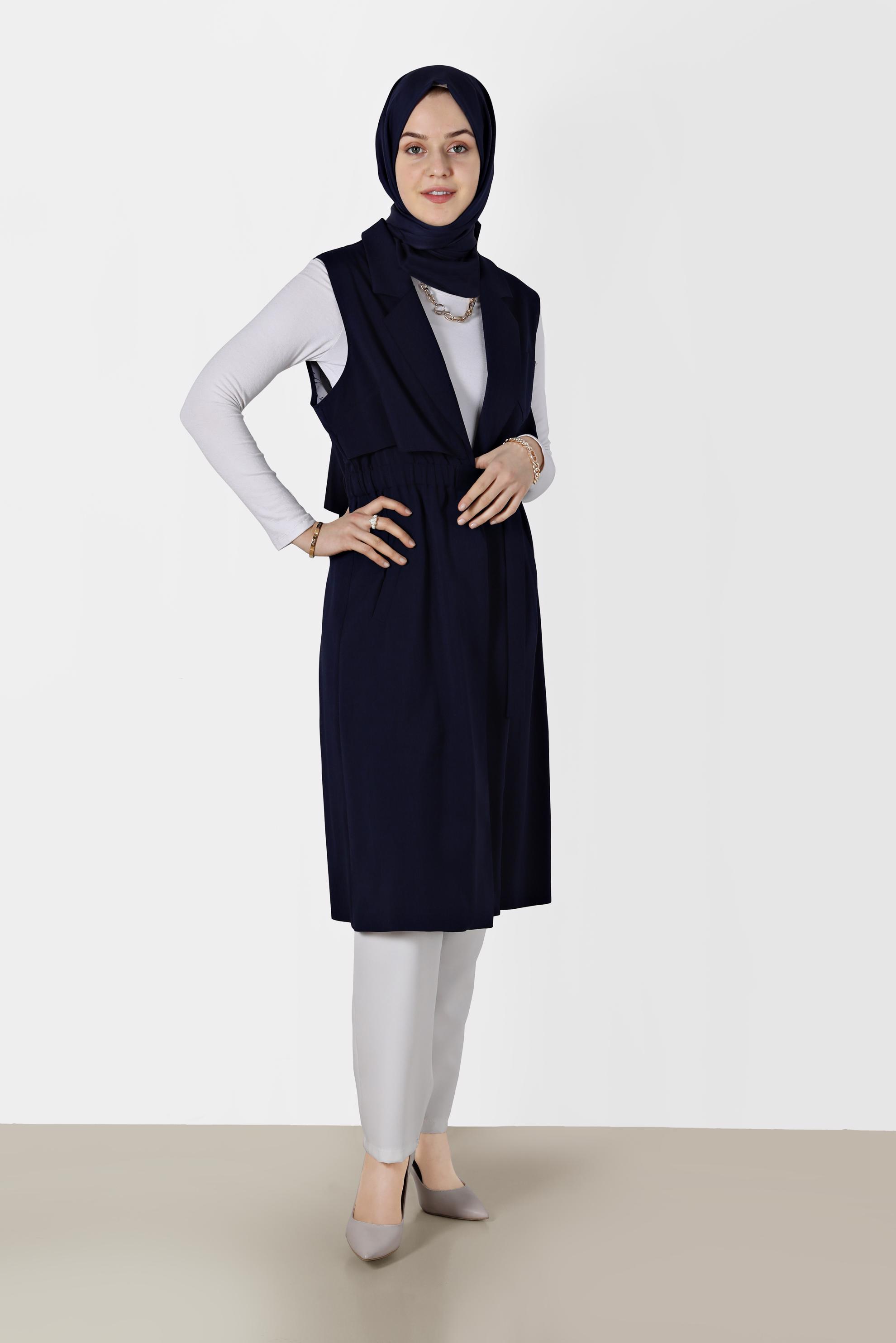 Tesettür giyim LACİVERT KLASİK YAKA BELİ BÜZGÜLÜ YELEK 4270 