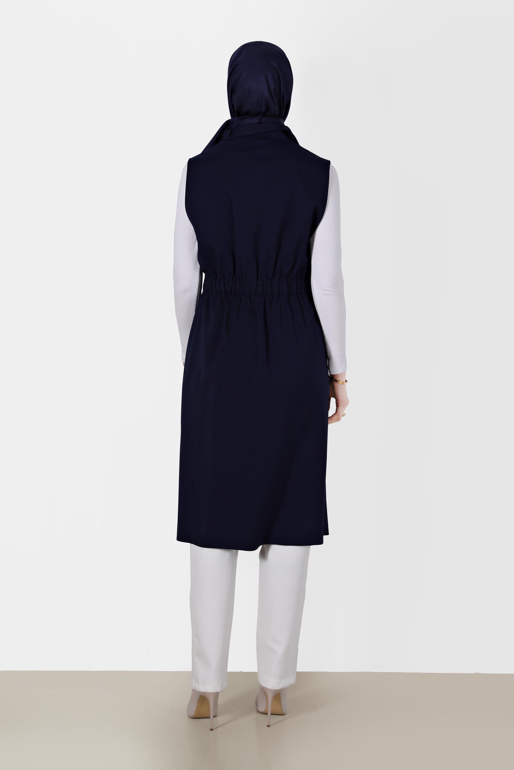 Tesettür giyim LACİVERT KLASİK YAKA BELİ BÜZGÜLÜ YELEK 4270 