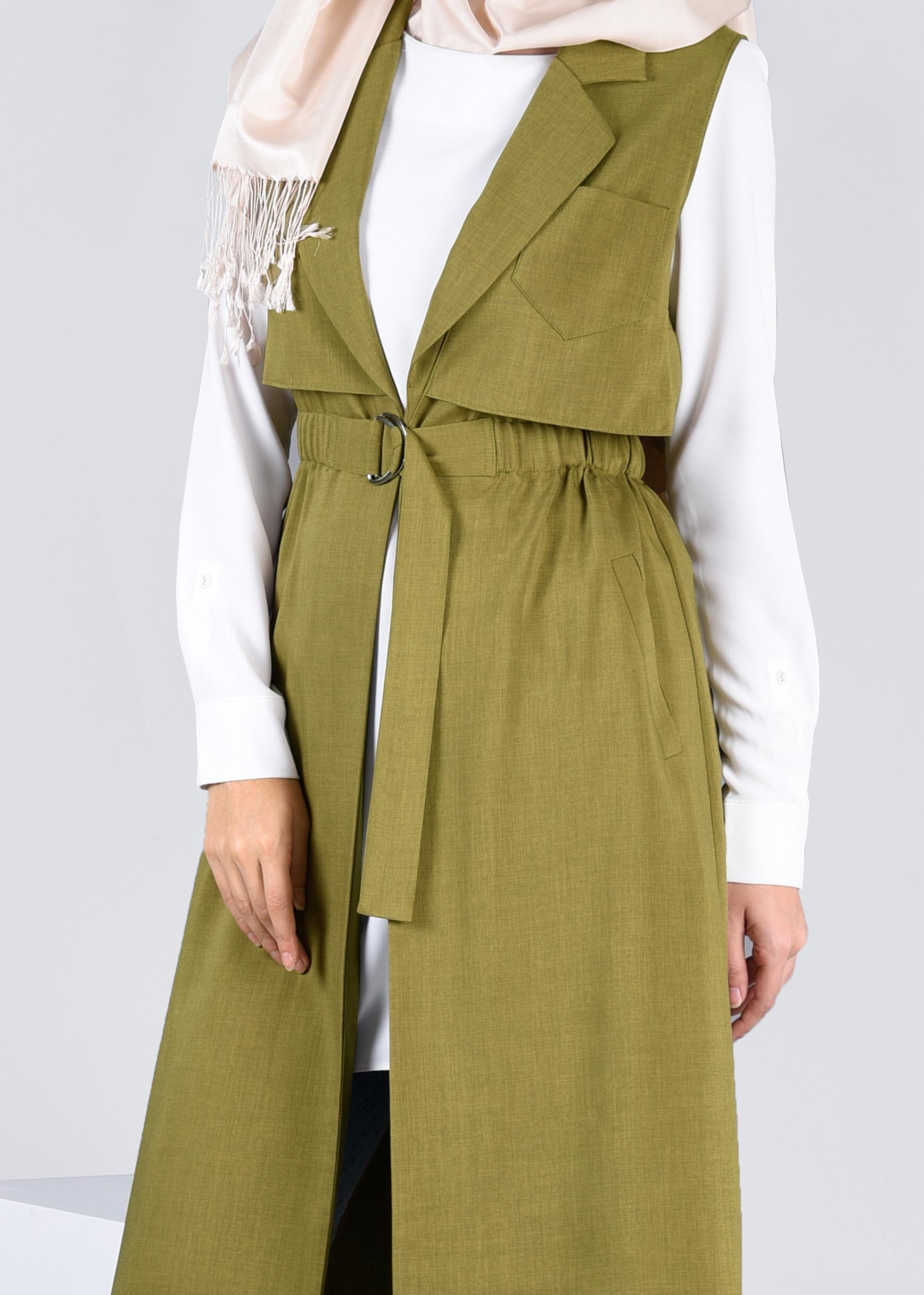 Tesettür giyim YEŞİL KLASİK YAKA BELİ BÜZGÜLÜ YELEK 4270 