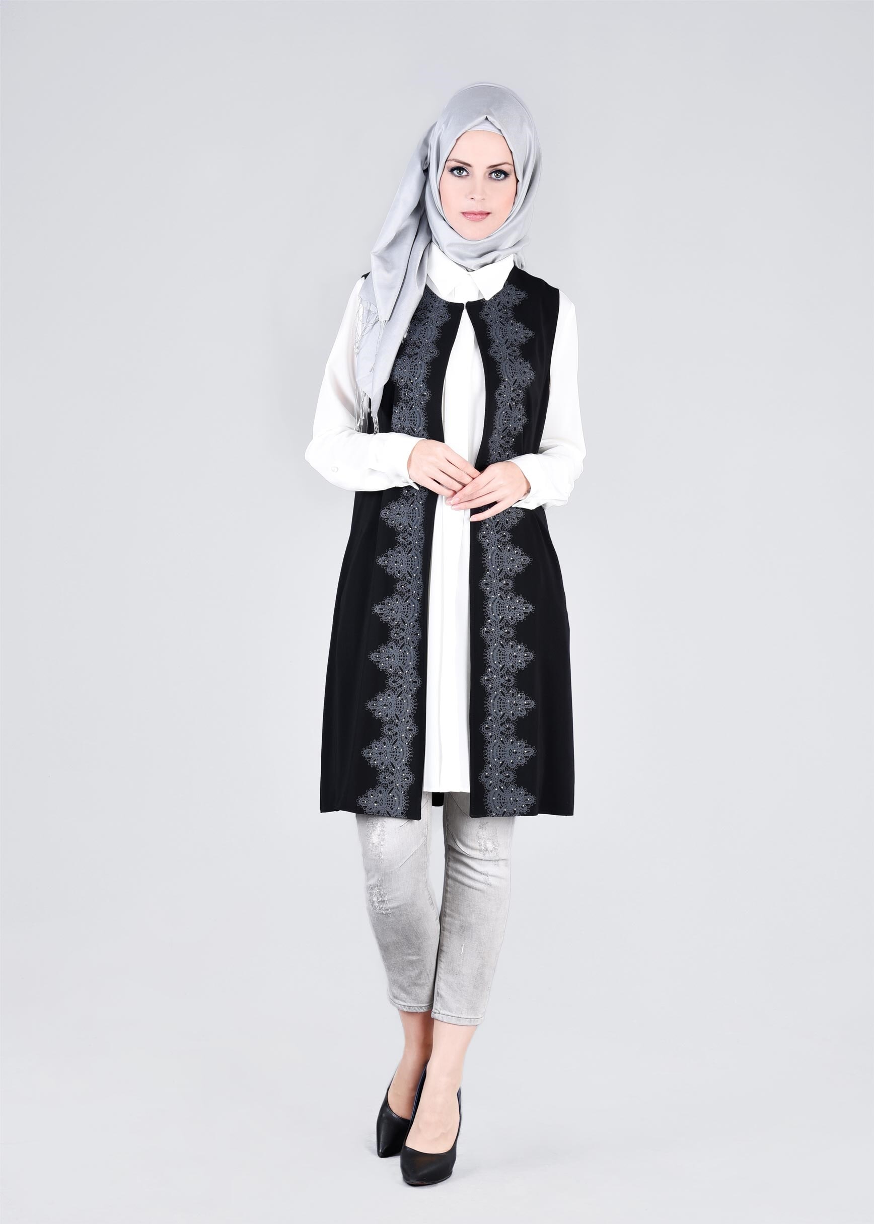 Tesettür giyim SİYAH 4277 VİRONA 2&prime;Lİ YELEK 40/48 TEK38