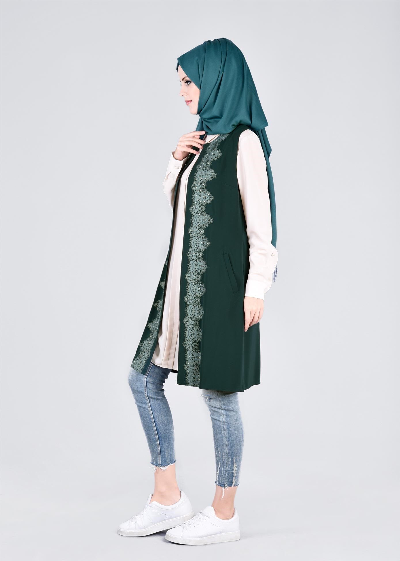 Tesettür giyim YEŞİL 4277 VİRONA 2&prime;Lİ YELEK 40/48 TEK38