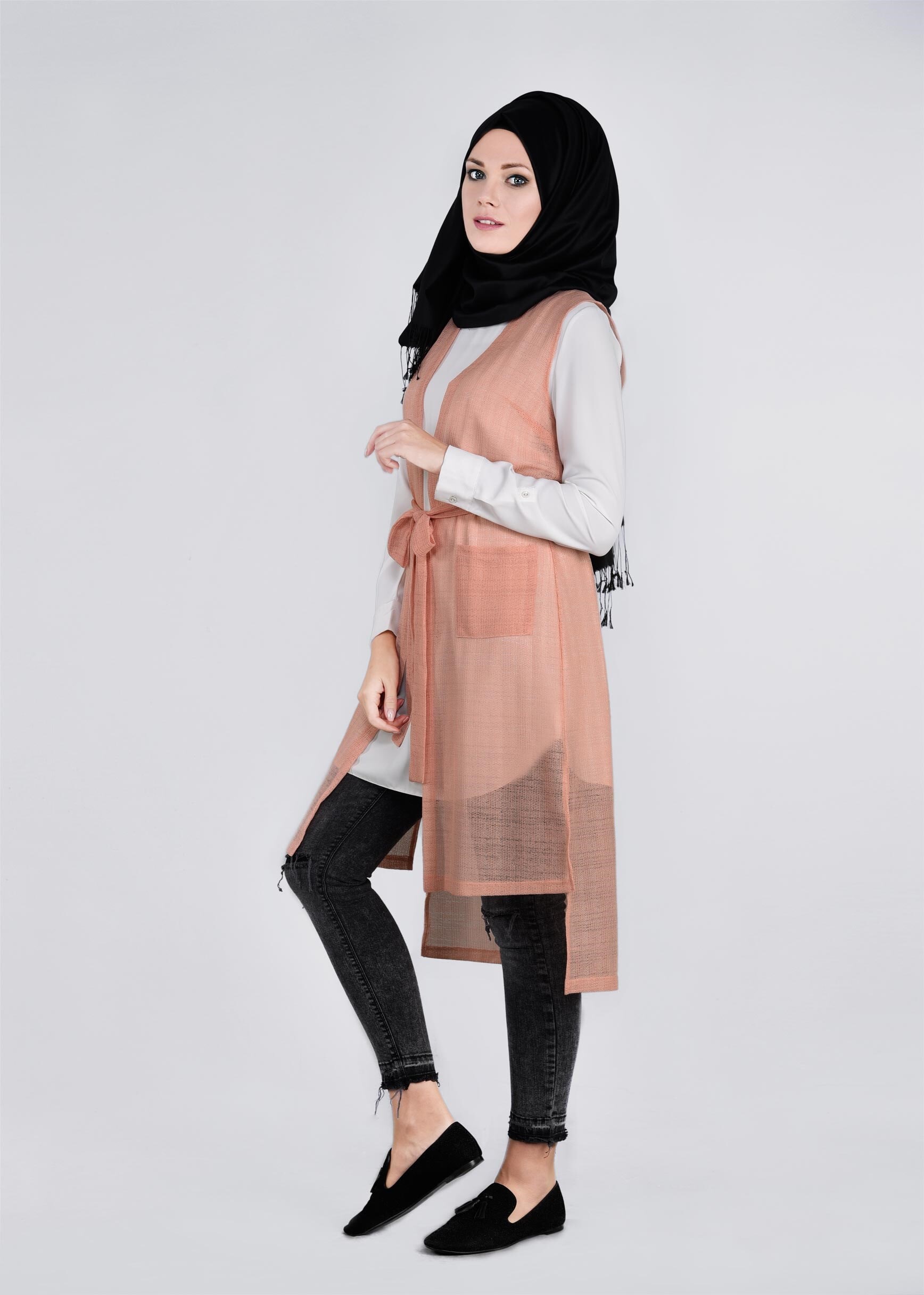 Tesettür giyim PUDRA 4552 ÇİZGİLİ DANTEL YELEK 38/46 TEK36