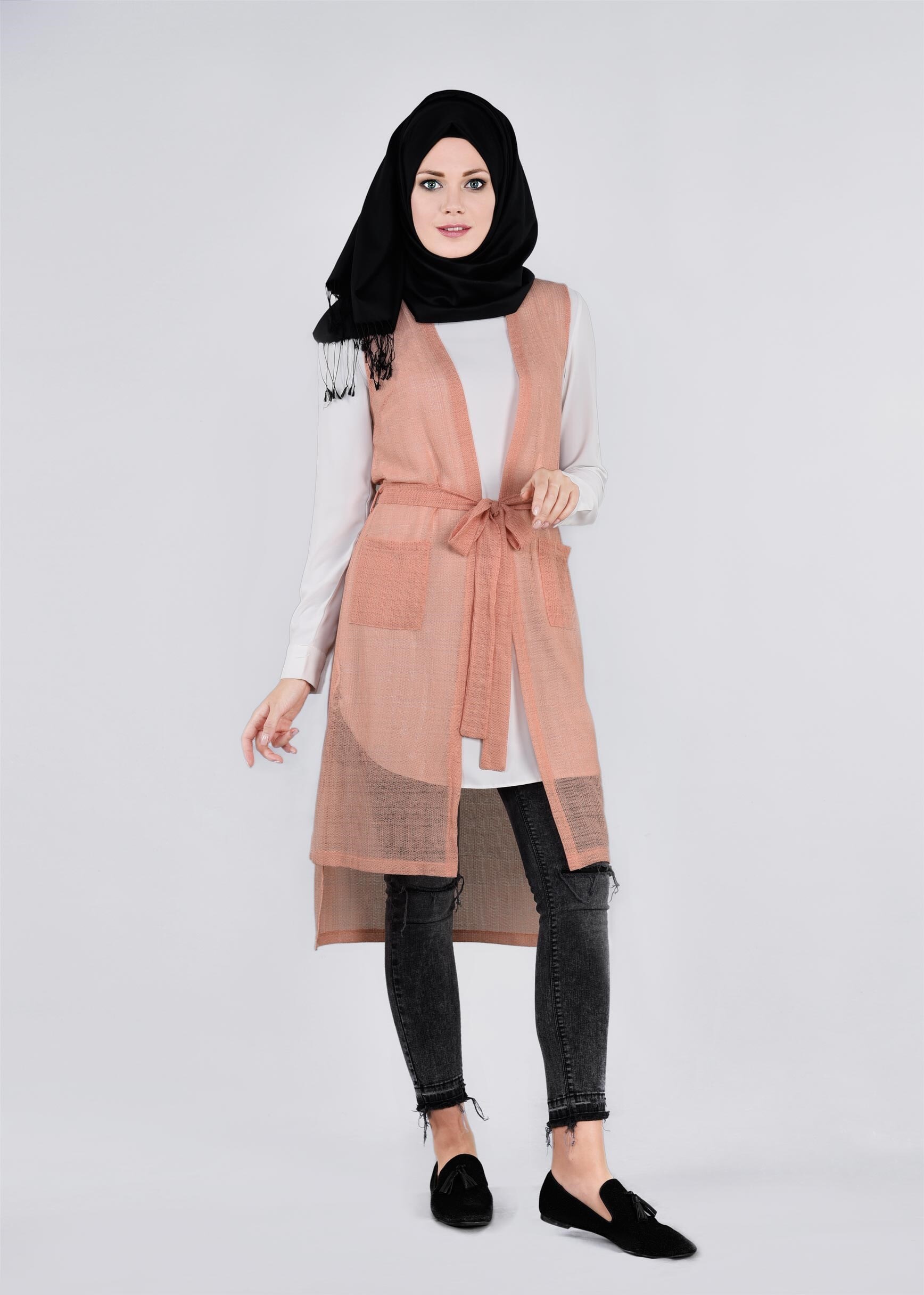 Tesettür giyim PUDRA 4552 ÇİZGİLİ DANTEL YELEK 38/46 TEK36