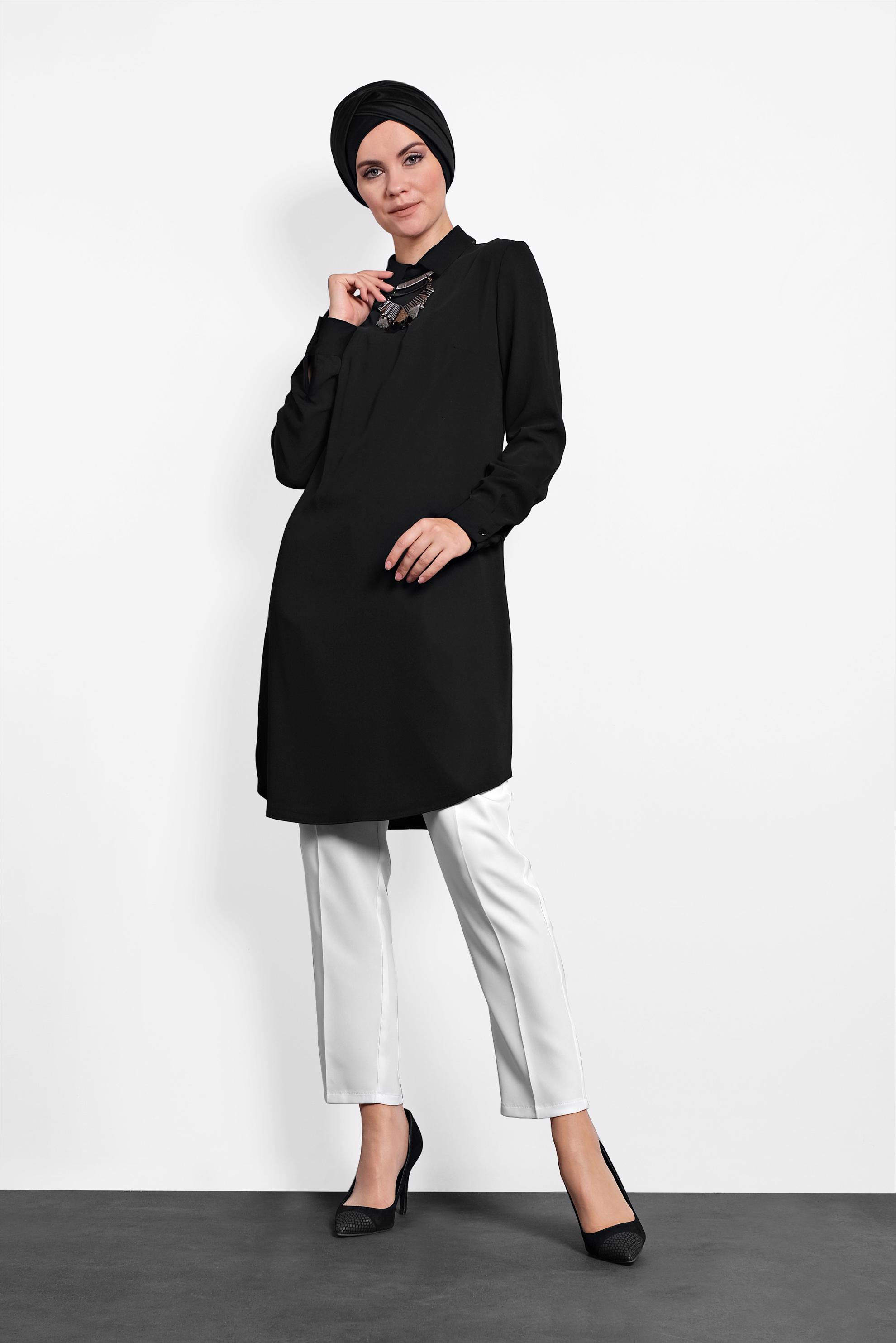 Tesettür giyim SİYAH  SIRTI FERMUARLI ERKEK YAKA TUNİK 4153-2 