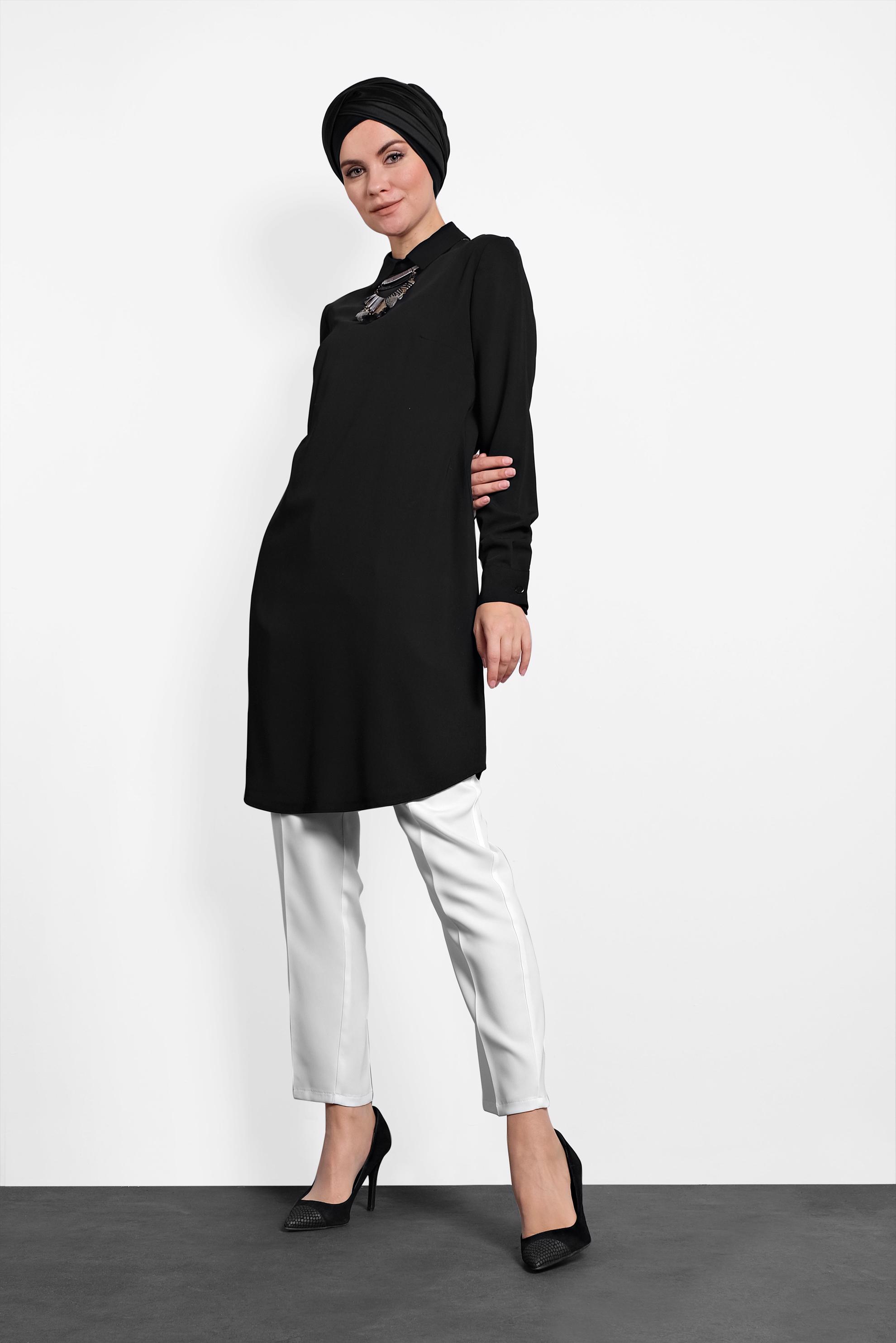 Tesettür giyim SİYAH  SIRTI FERMUARLI ERKEK YAKA TUNİK 4153-2 