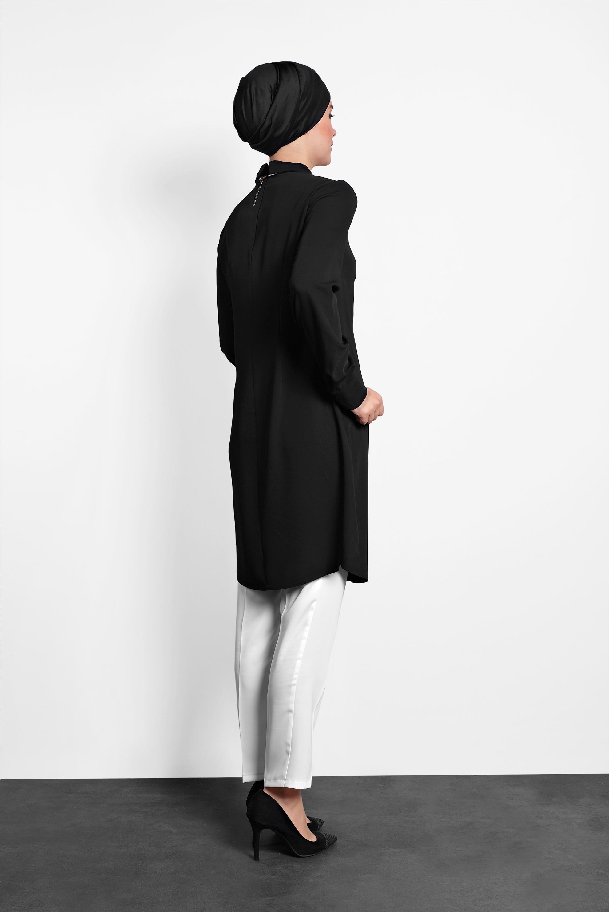 Tesettür giyim SİYAH  SIRTI FERMUARLI ERKEK YAKA TUNİK 4153-2 