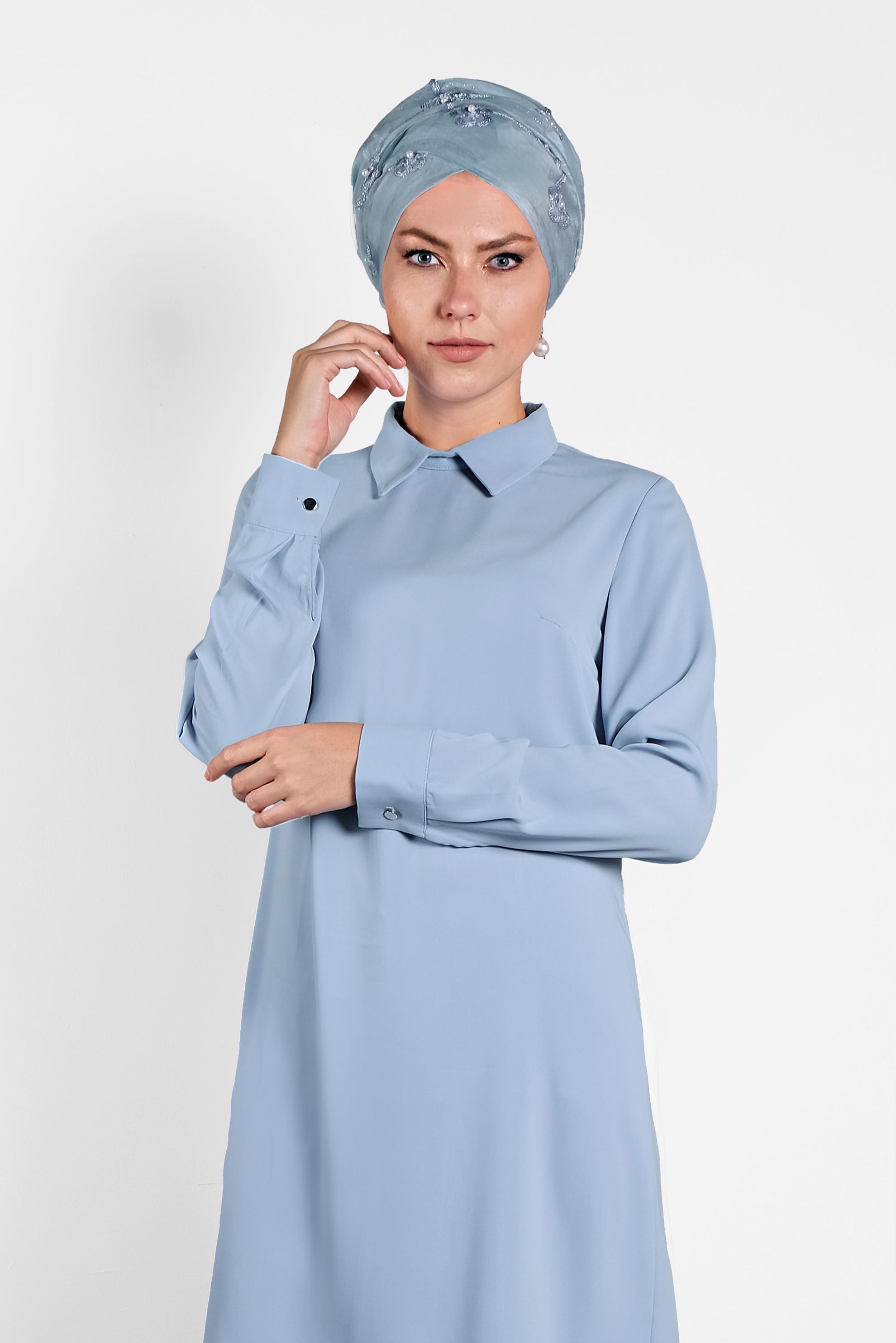 Tesettür giyim MAVİ  SIRTI FERMUARLI ERKEK YAKA TUNİK 4153-2 