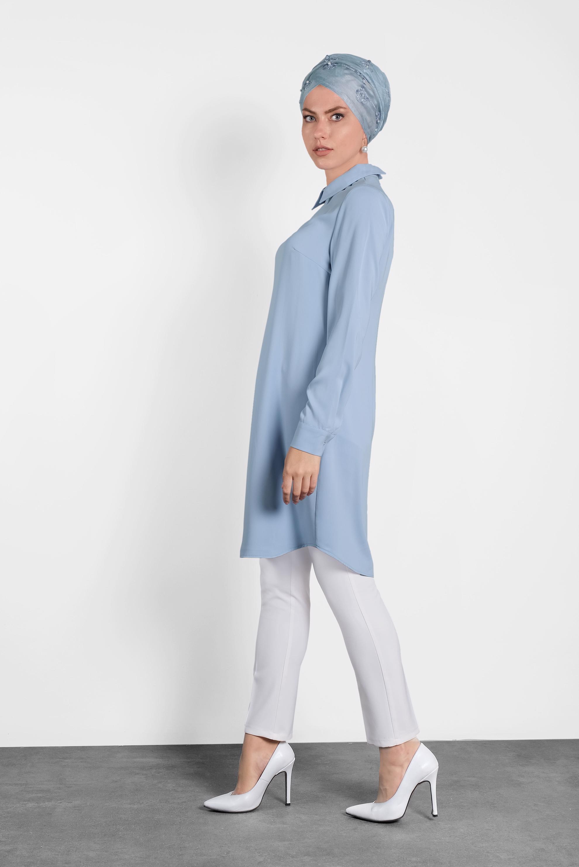 Tesettür giyim MAVİ  SIRTI FERMUARLI ERKEK YAKA TUNİK 4153-2 