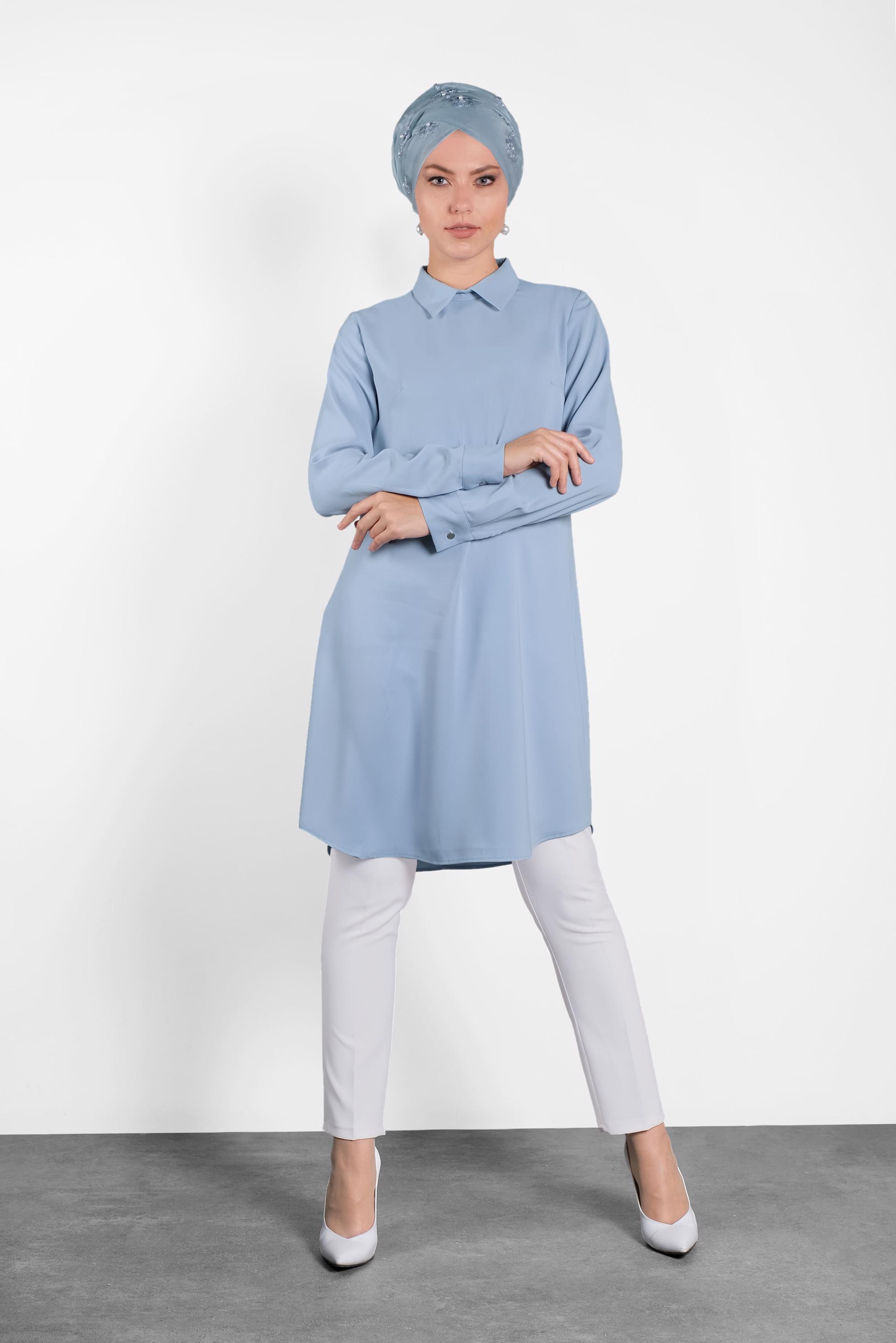 Tesettür giyim MAVİ  SIRTI FERMUARLI ERKEK YAKA TUNİK 4153-2 