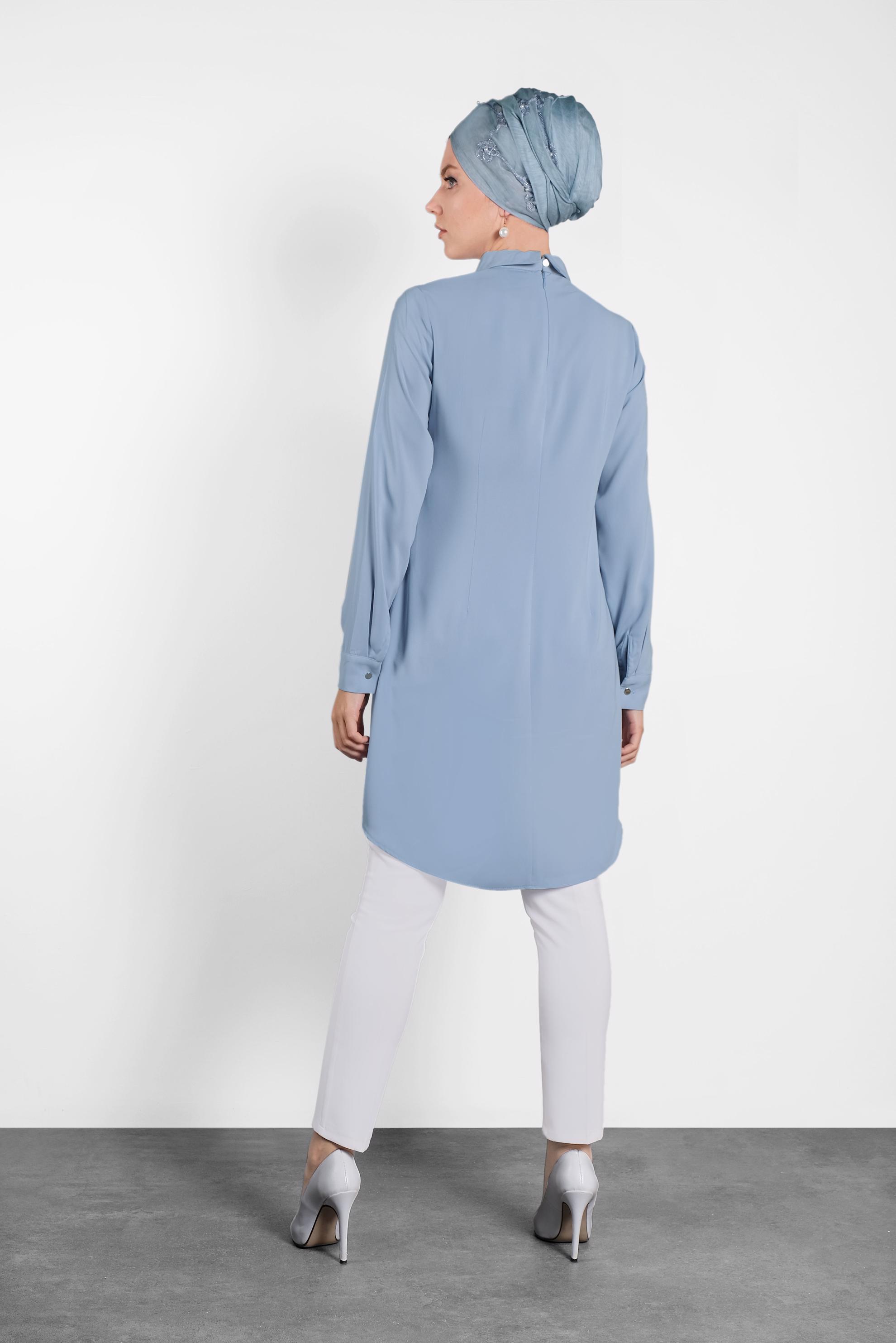Tesettür giyim MAVİ  SIRTI FERMUARLI ERKEK YAKA TUNİK 4153-2 