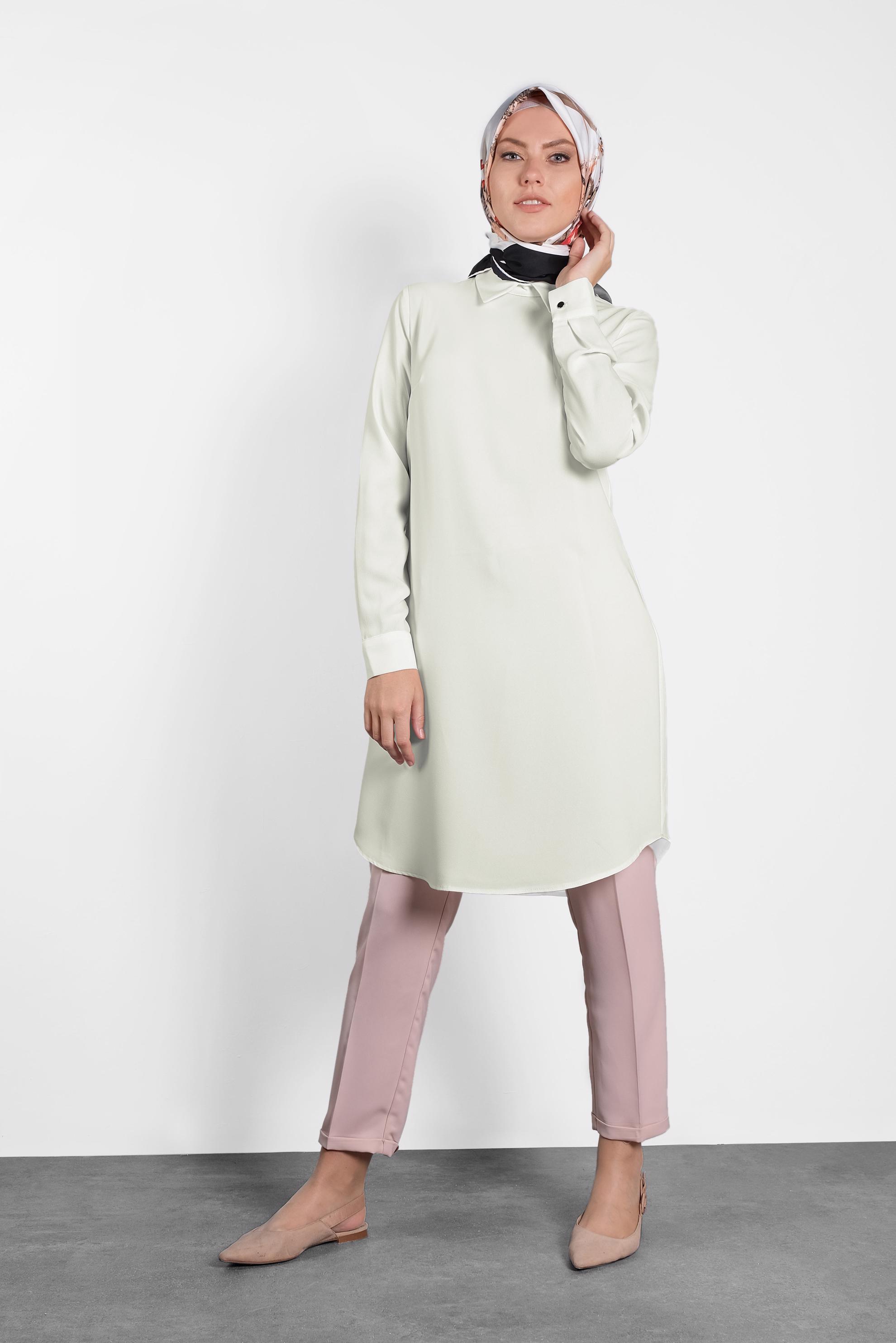 Tesettür giyim BEJ  SIRTI FERMUARLI ERKEK YAKA TUNİK 4153-2 