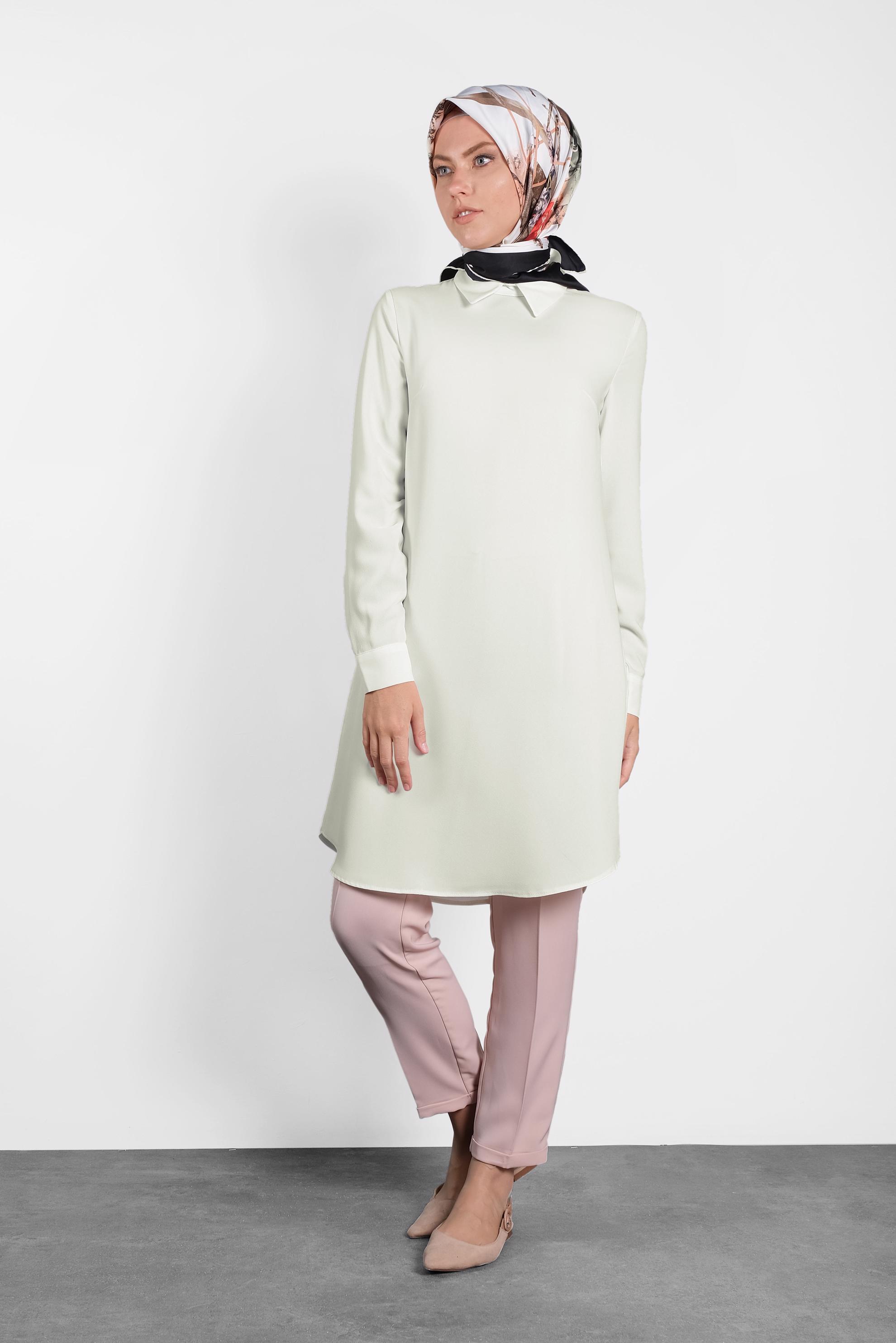 Tesettür giyim BEJ  SIRTI FERMUARLI ERKEK YAKA TUNİK 4153-2 