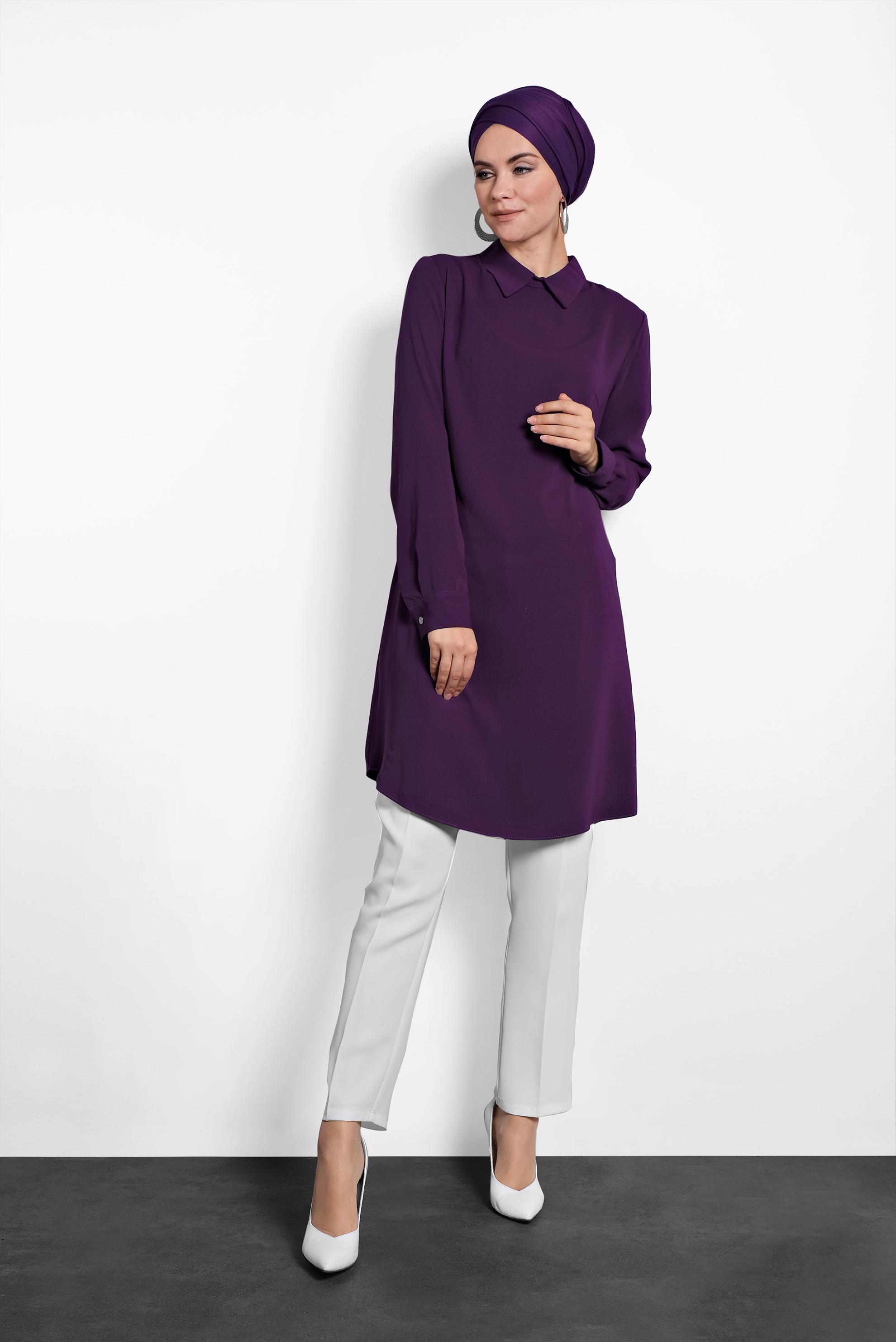 Tesettür giyim MOR  SIRTI FERMUARLI ERKEK YAKA TUNİK 4153-2 