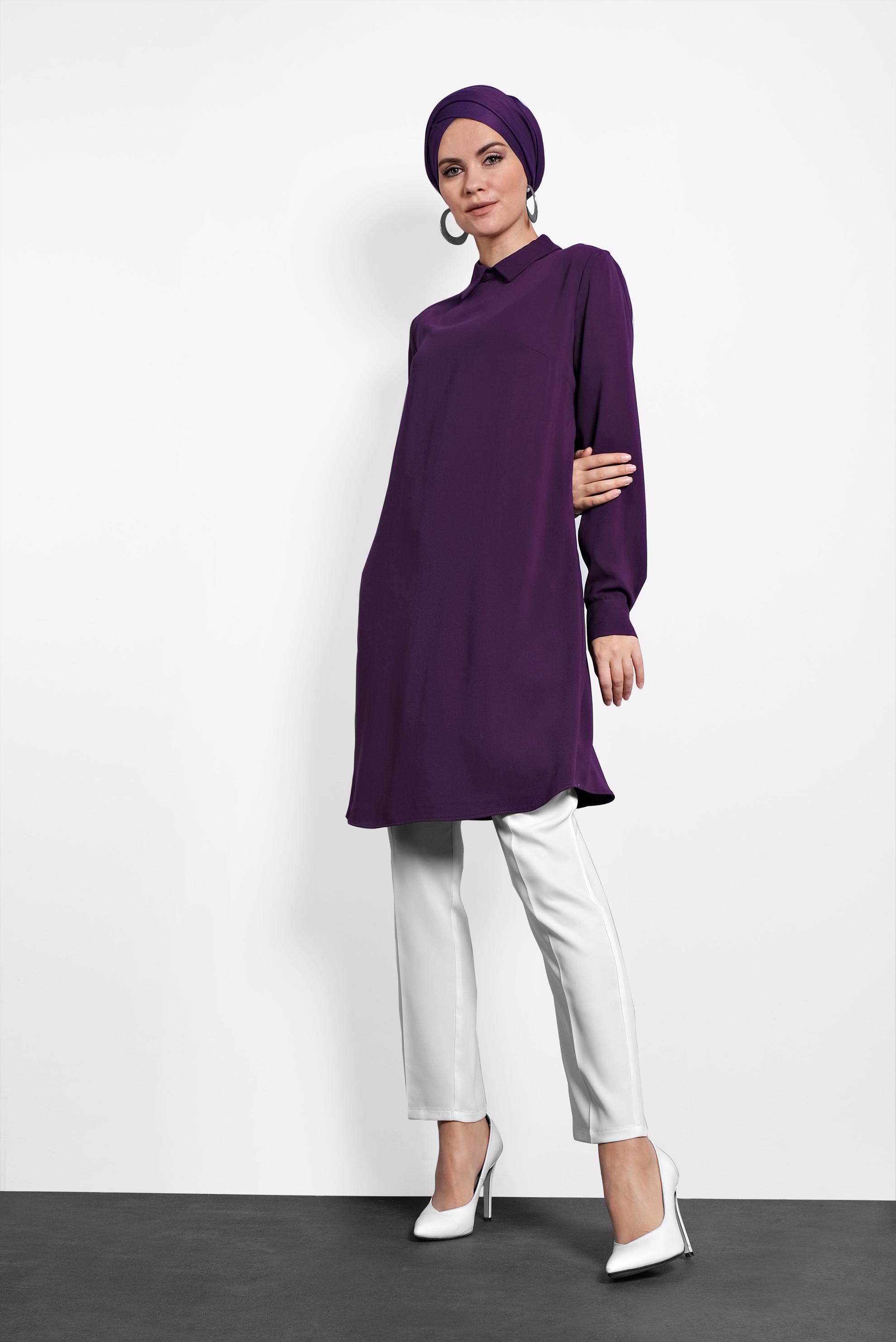 Tesettür giyim MOR  SIRTI FERMUARLI ERKEK YAKA TUNİK 4153-2 
