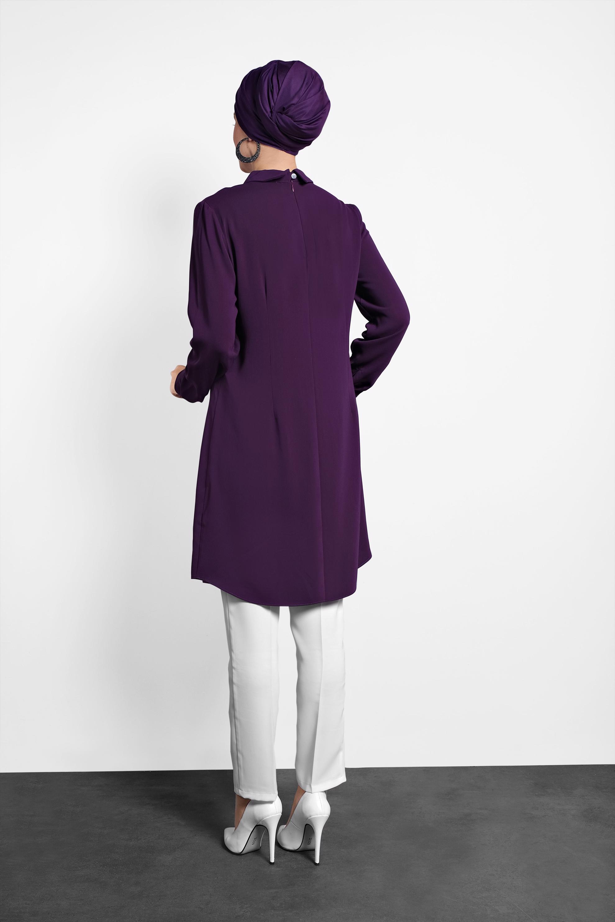 Tesettür giyim MOR  SIRTI FERMUARLI ERKEK YAKA TUNİK 4153-2 
