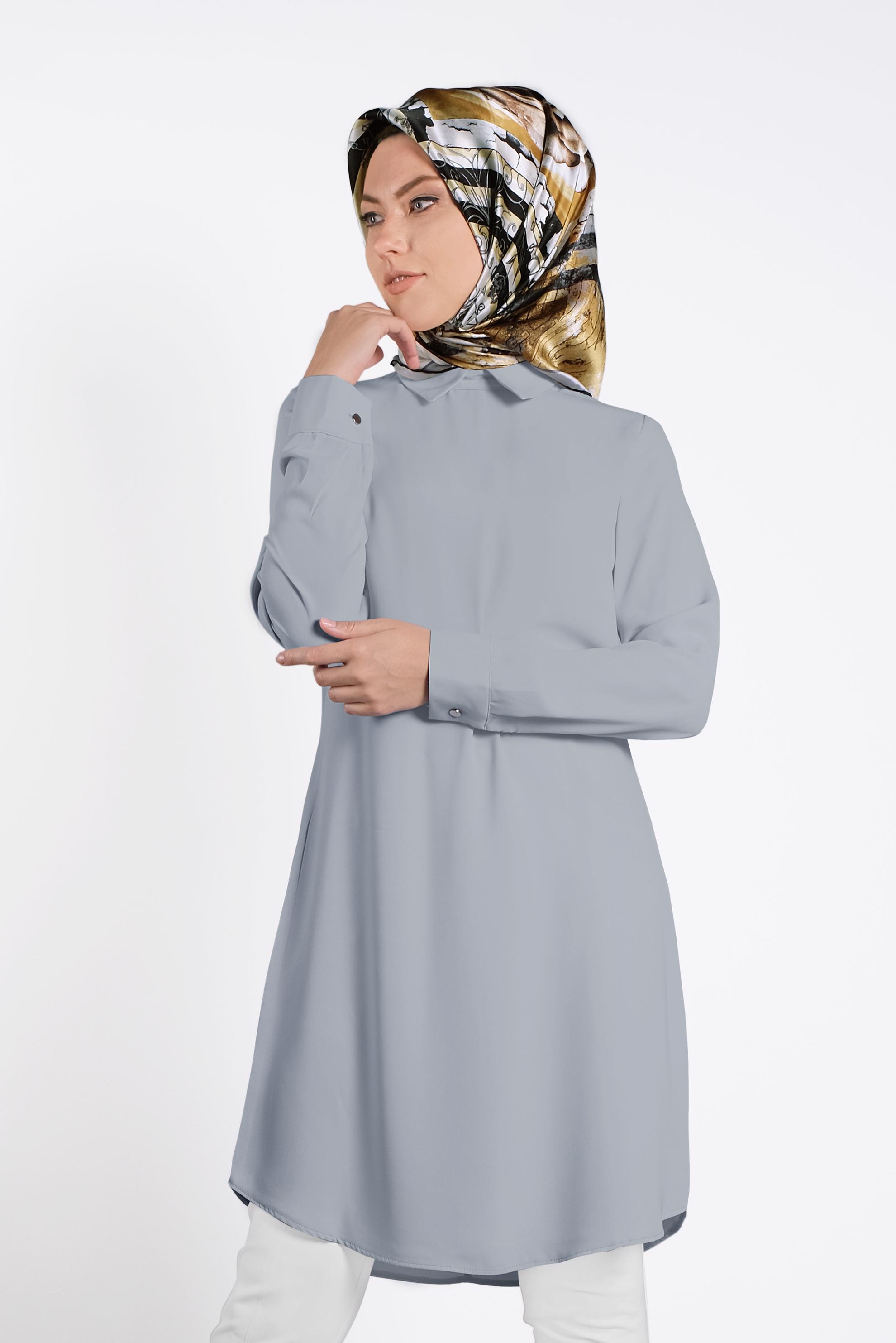 Tesettür giyim GRİ  SIRTI FERMUARLI ERKEK YAKA TUNİK 4153-2 