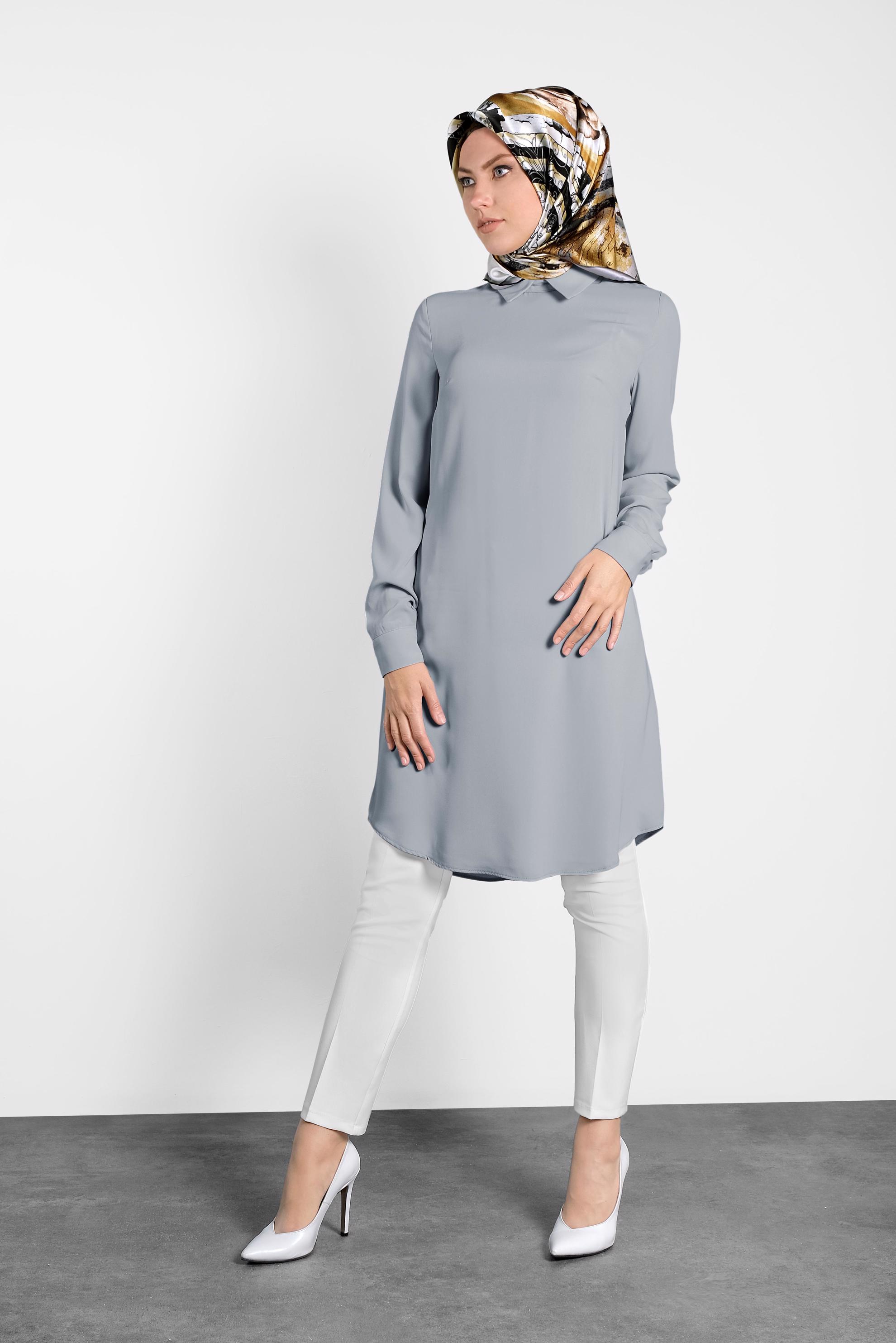 Tesettür giyim GRİ  SIRTI FERMUARLI ERKEK YAKA TUNİK 4153-2 