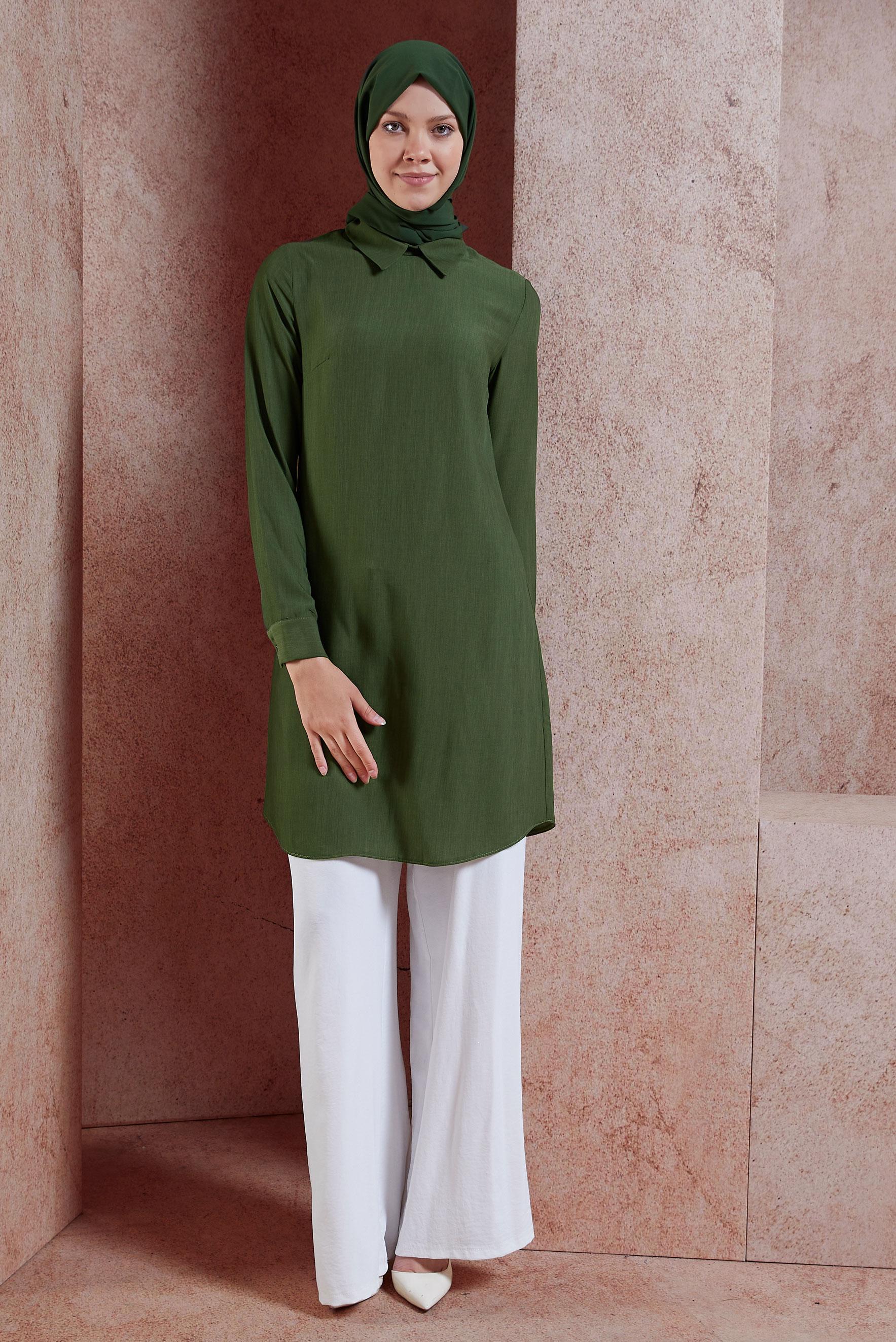 Tesettür giyim HAKİ  SIRTI FERMUARLI ERKEK YAKA TUNİK 4153-2 