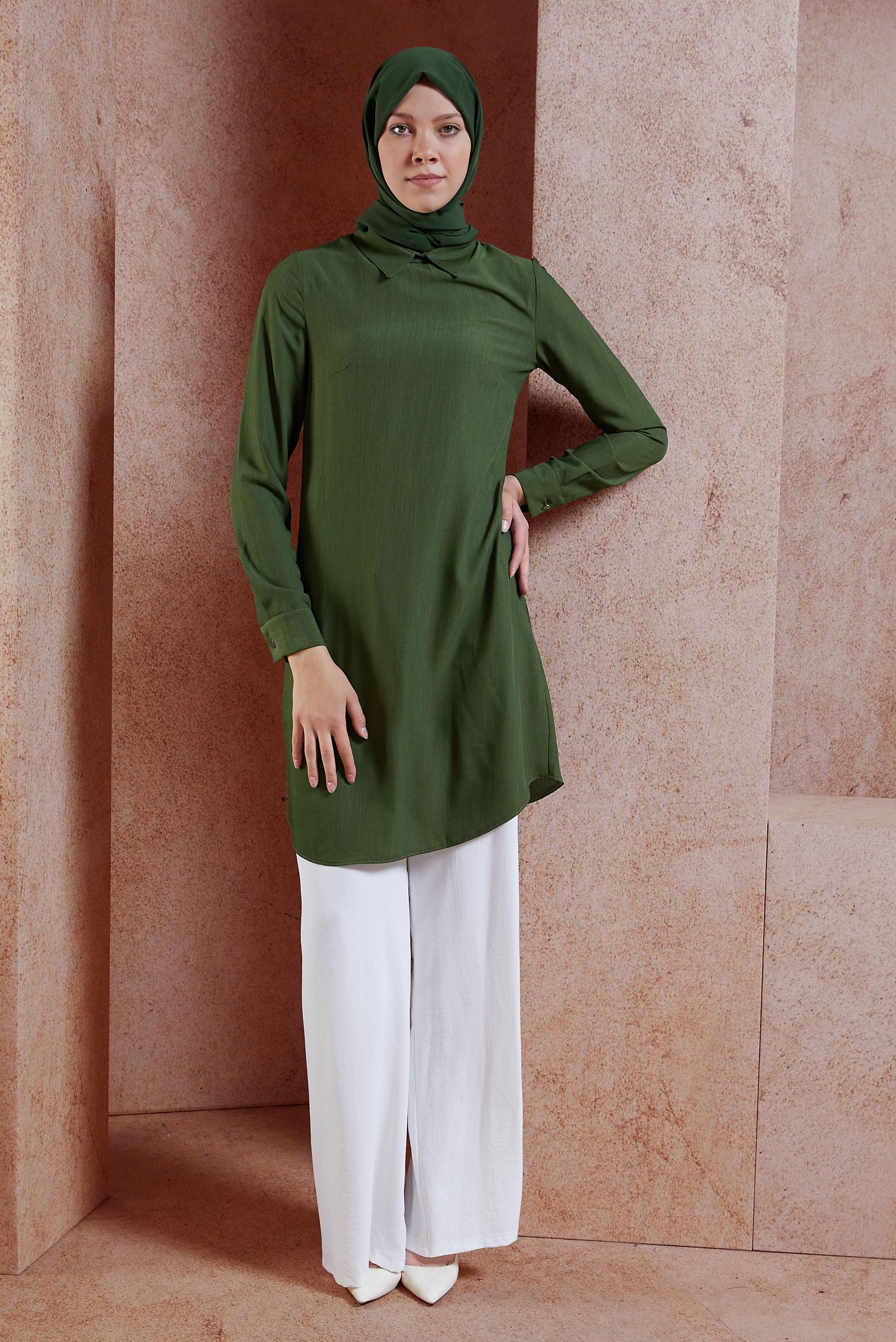 Tesettür giyim HAKİ  SIRTI FERMUARLI ERKEK YAKA TUNİK 4153-2 