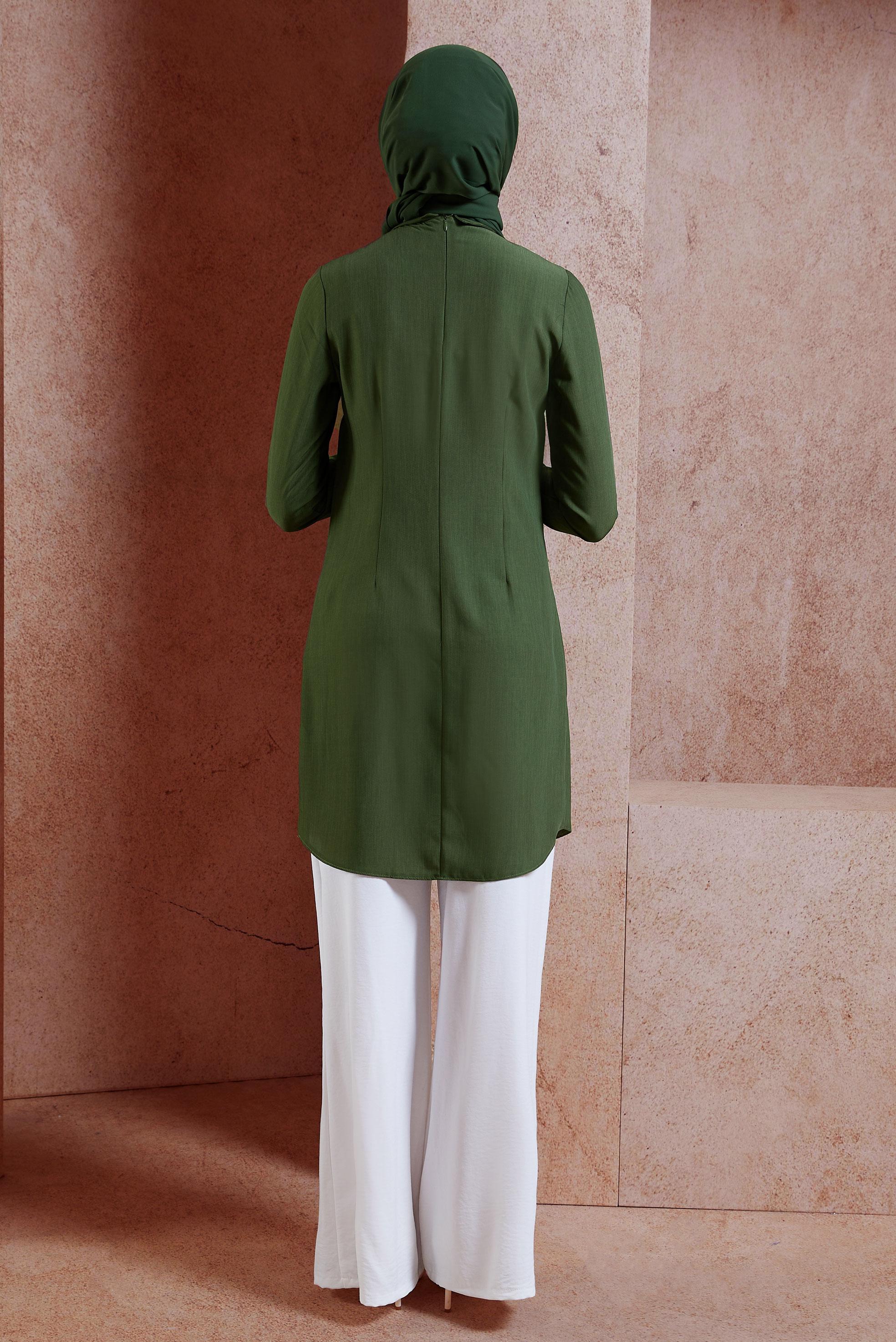 Tesettür giyim HAKİ  SIRTI FERMUARLI ERKEK YAKA TUNİK 4153-2 