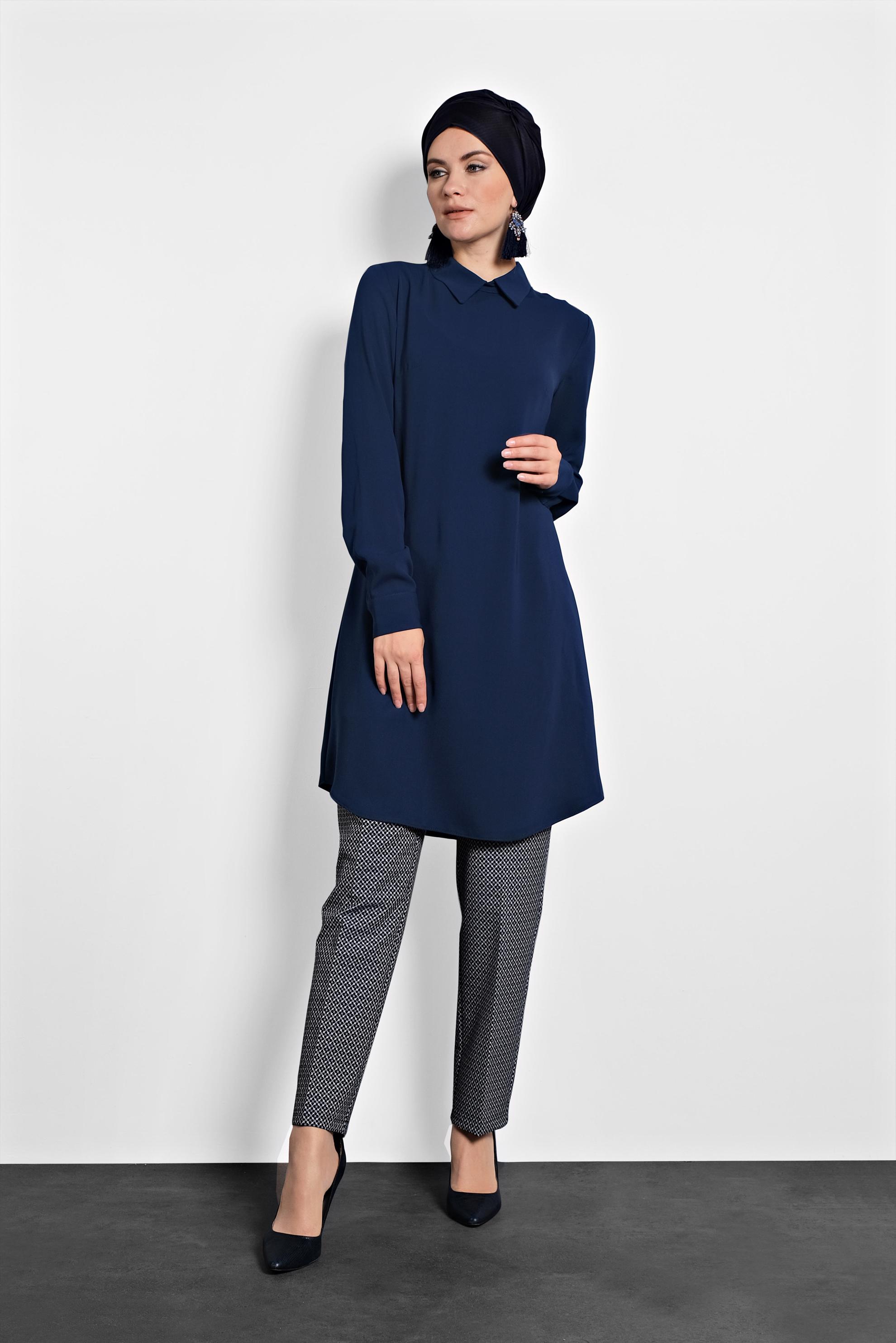Tesettür giyim LACİVERT  SIRTI FERMUARLI ERKEK YAKA TUNİK 4153-2 