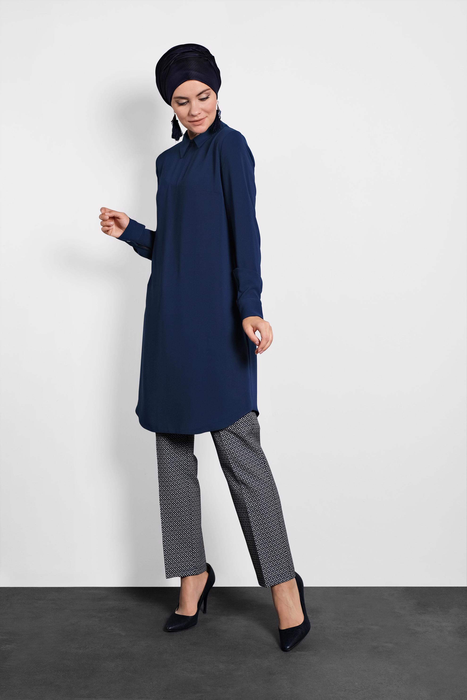 Tesettür giyim LACİVERT  SIRTI FERMUARLI ERKEK YAKA TUNİK 4153-2 