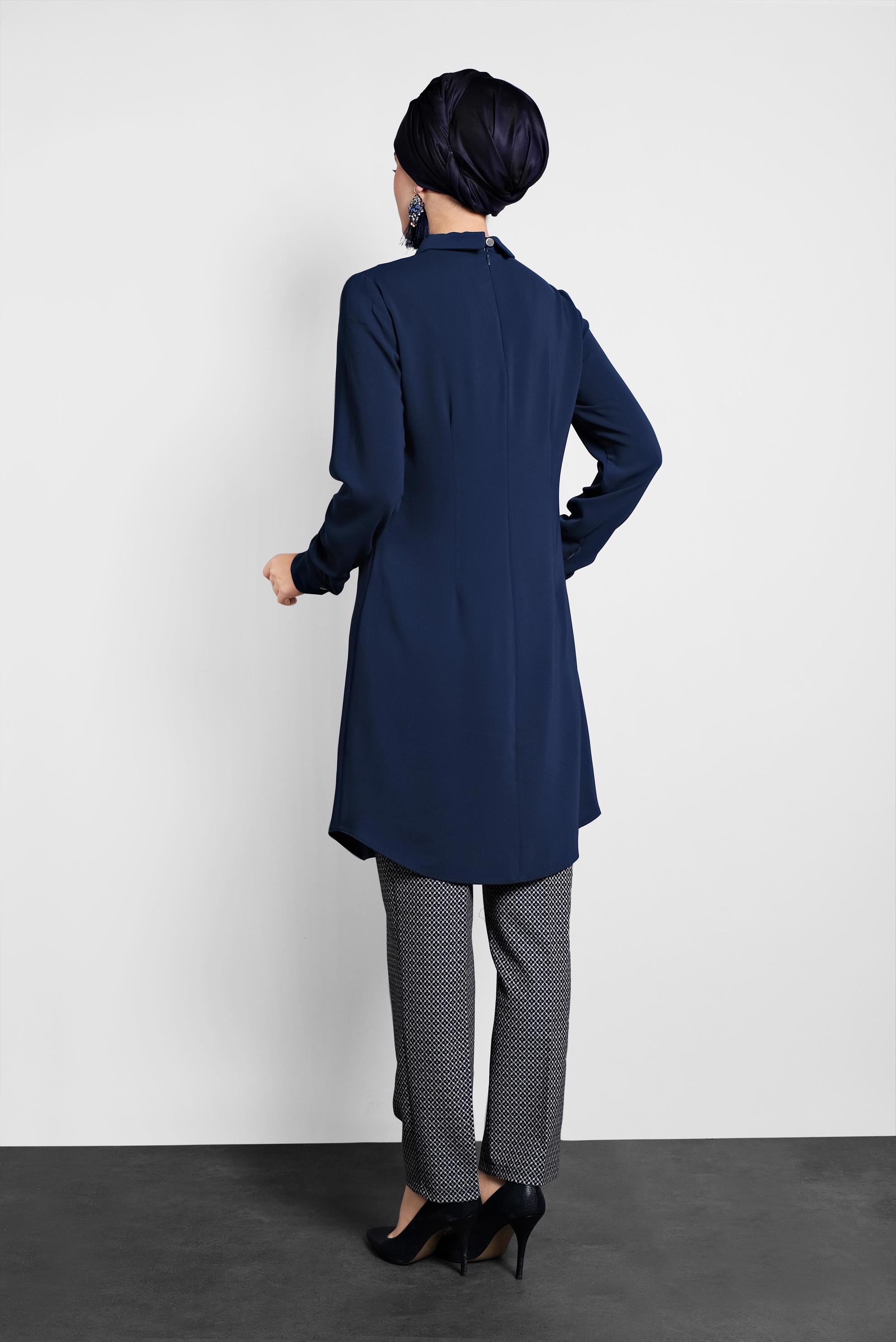 Tesettür giyim LACİVERT  SIRTI FERMUARLI ERKEK YAKA TUNİK 4153-2 
