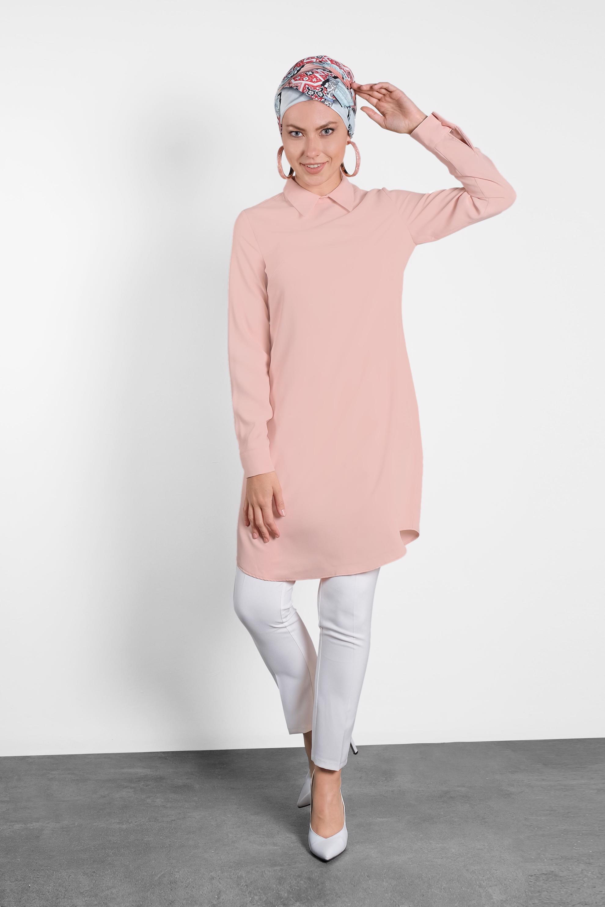 Tesettür giyim PUDRA  SIRTI FERMUARLI ERKEK YAKA TUNİK 4153-2 