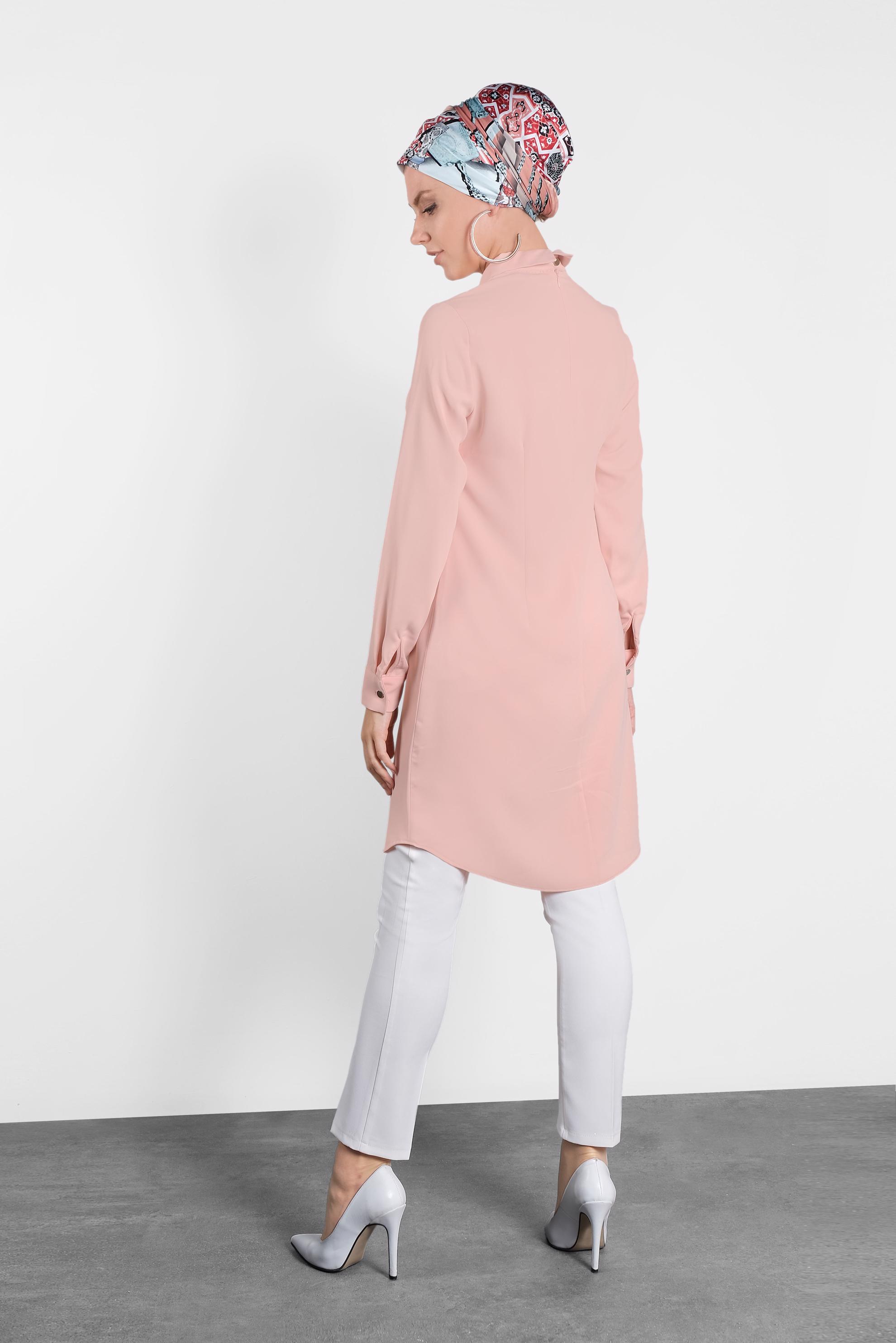 Tesettür giyim PUDRA  SIRTI FERMUARLI ERKEK YAKA TUNİK 4153-2 