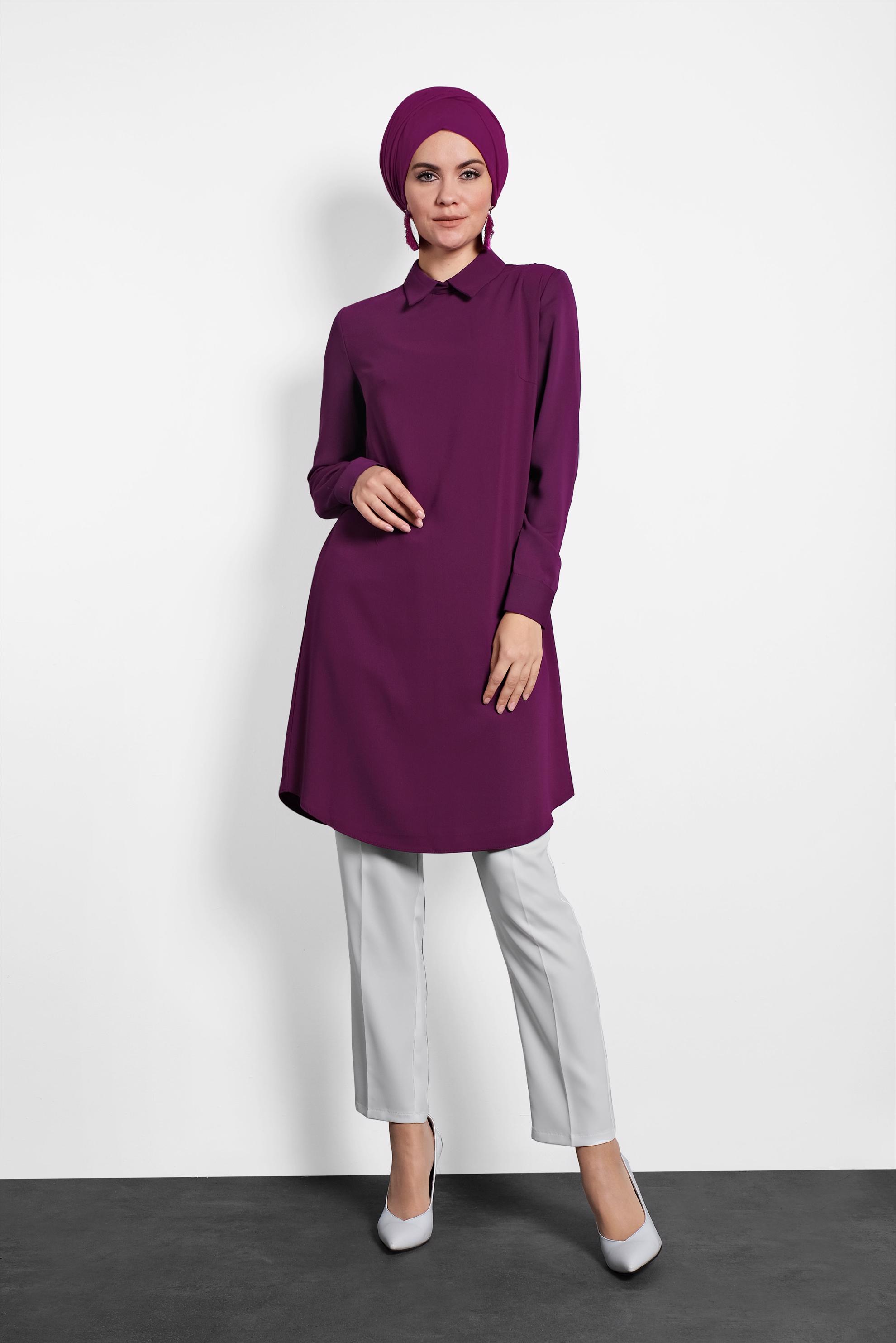 Tesettür giyim MOR  SIRTI FERMUARLI ERKEK YAKA TUNİK 4153-2 