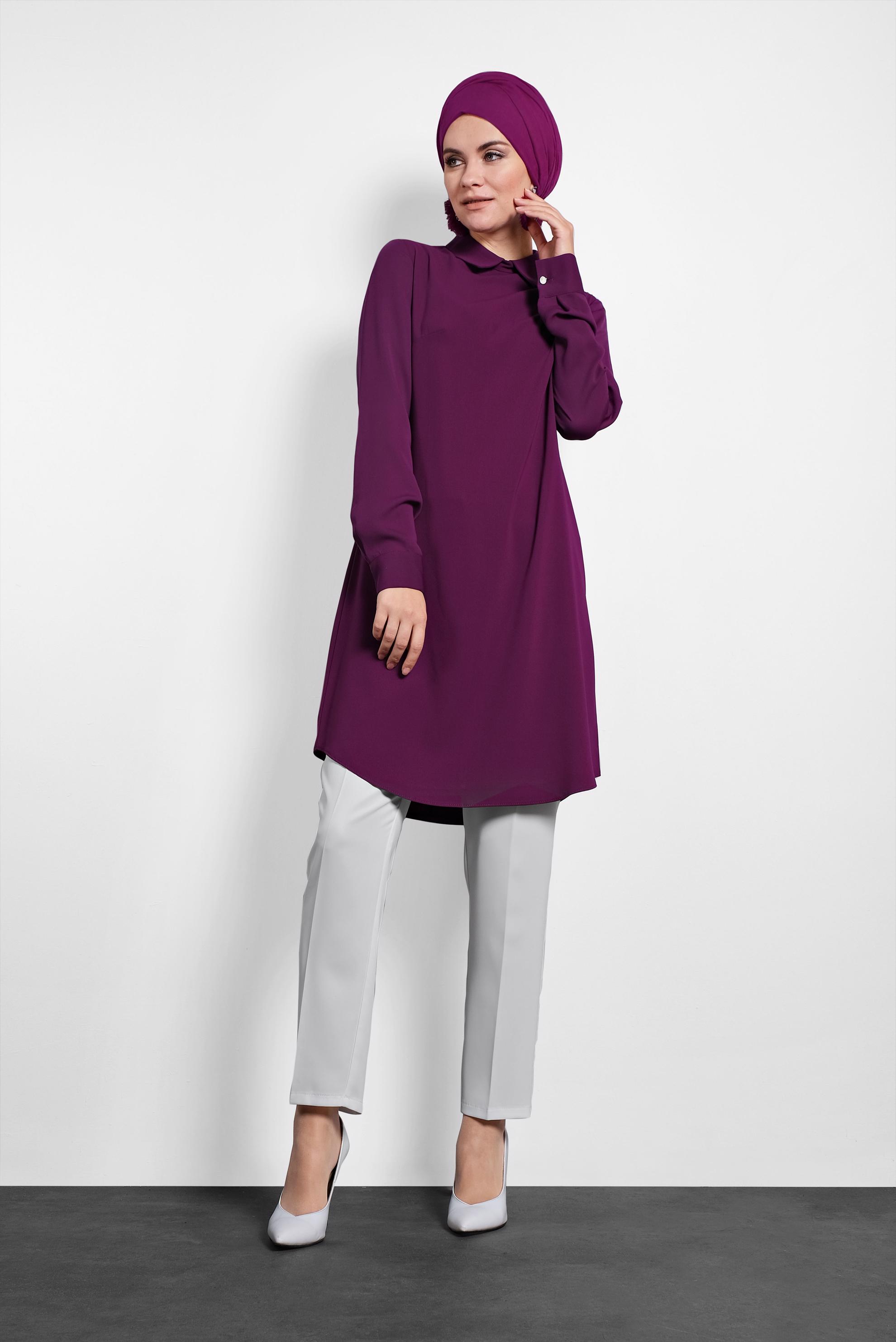 Tesettür giyim MOR  SIRTI FERMUARLI ERKEK YAKA TUNİK 4153-2 