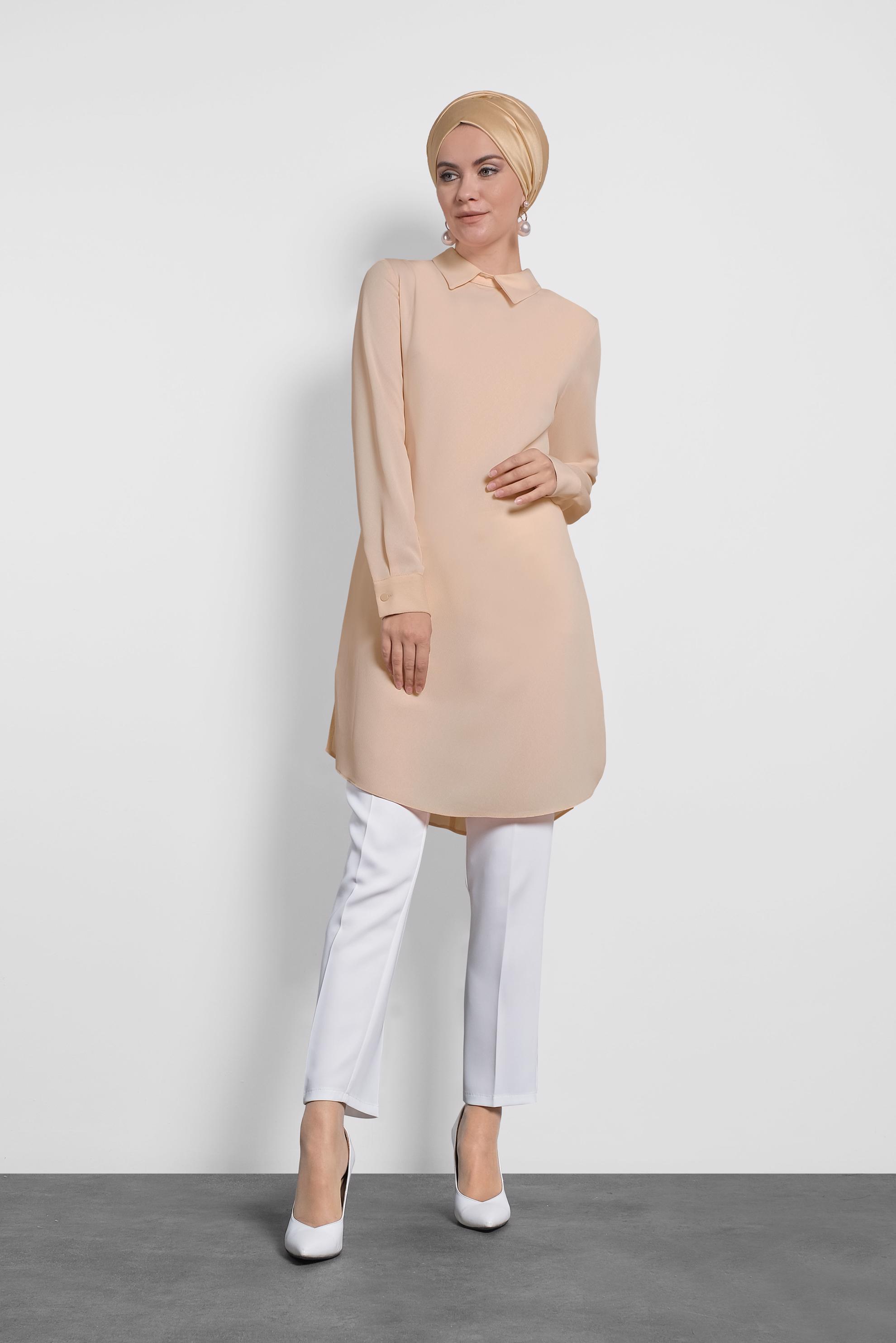 Tesettür giyim PEMBE  SIRTI FERMUARLI ERKEK YAKA TUNİK 4153-2 