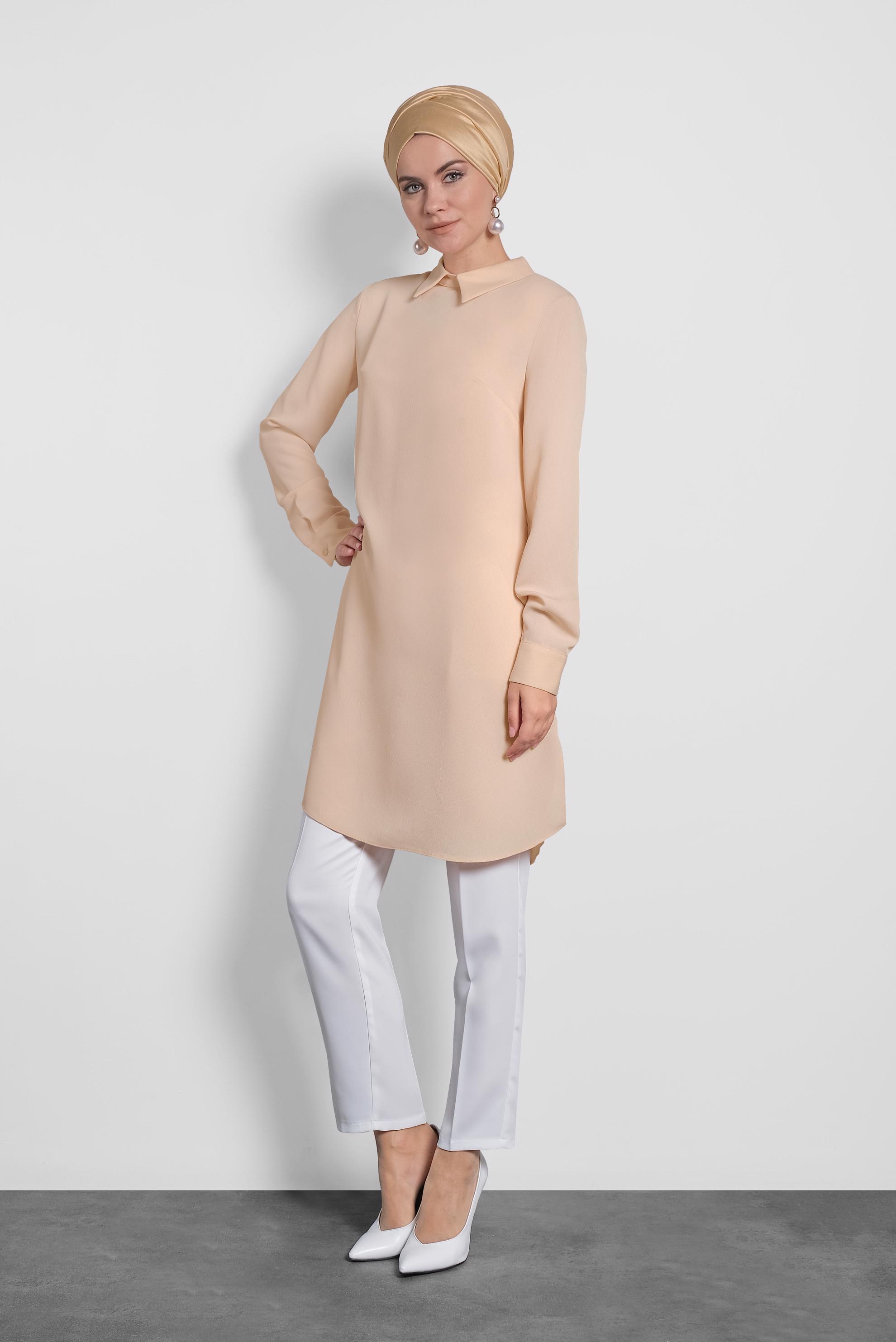 Tesettür giyim PEMBE  SIRTI FERMUARLI ERKEK YAKA TUNİK 4153-2 