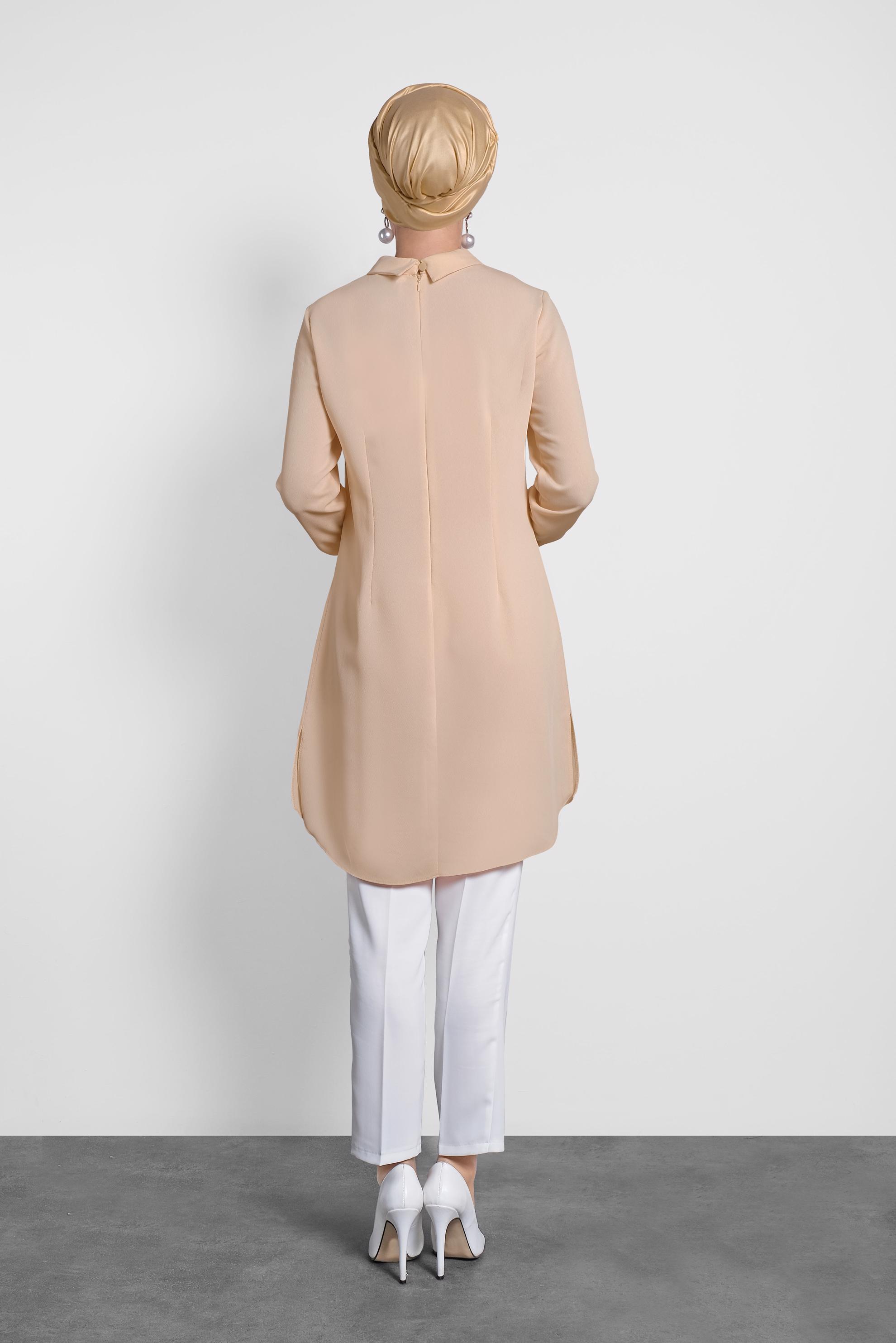 Tesettür giyim PEMBE  SIRTI FERMUARLI ERKEK YAKA TUNİK 4153-2 