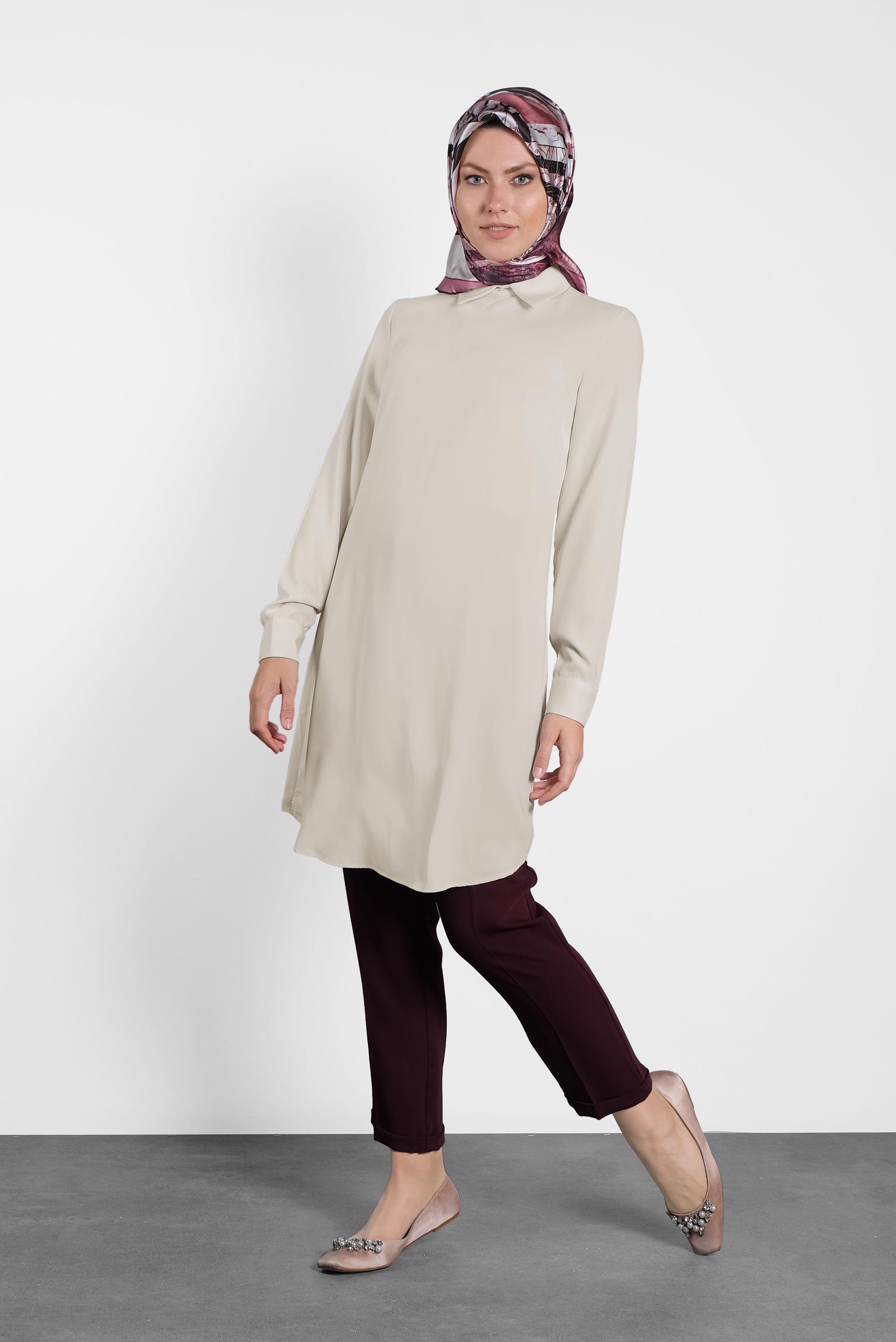 Tesettür giyim EKRU  SIRTI FERMUARLI ERKEK YAKA TUNİK 4153-2 