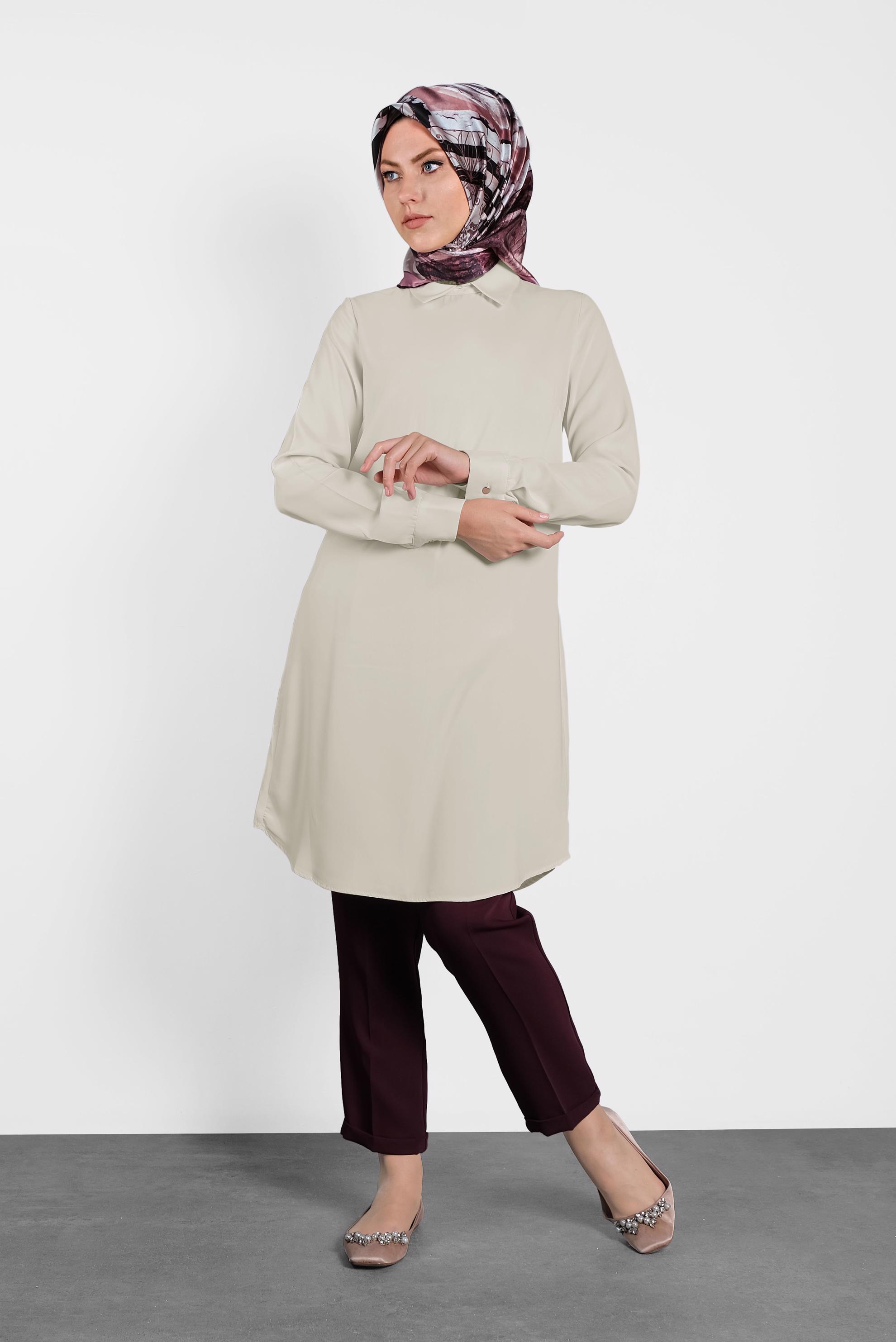 Tesettür giyim EKRU  SIRTI FERMUARLI ERKEK YAKA TUNİK 4153-2 