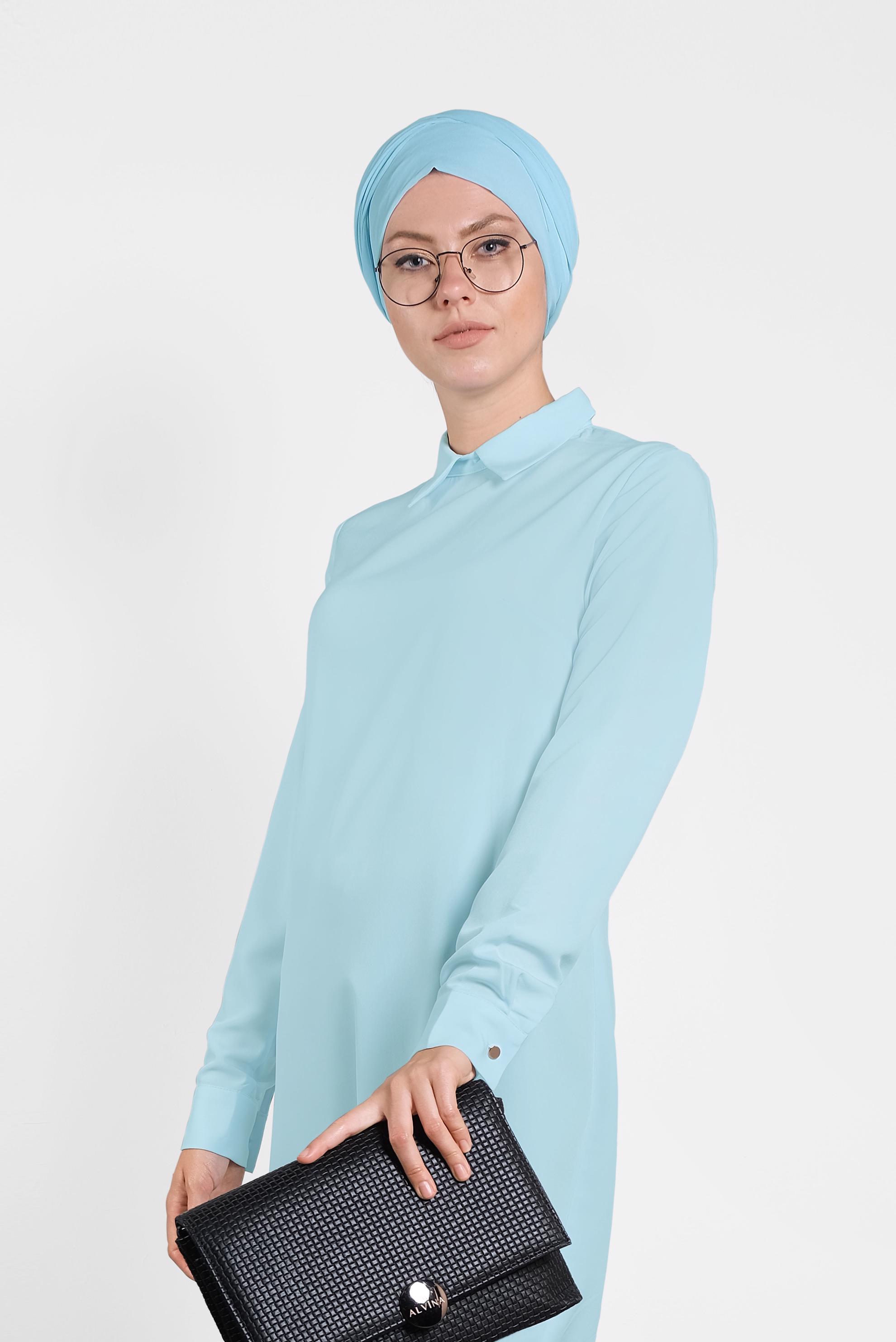 Tesettür giyim MAVİ  SIRTI FERMUARLI ERKEK YAKA TUNİK 4153-2 