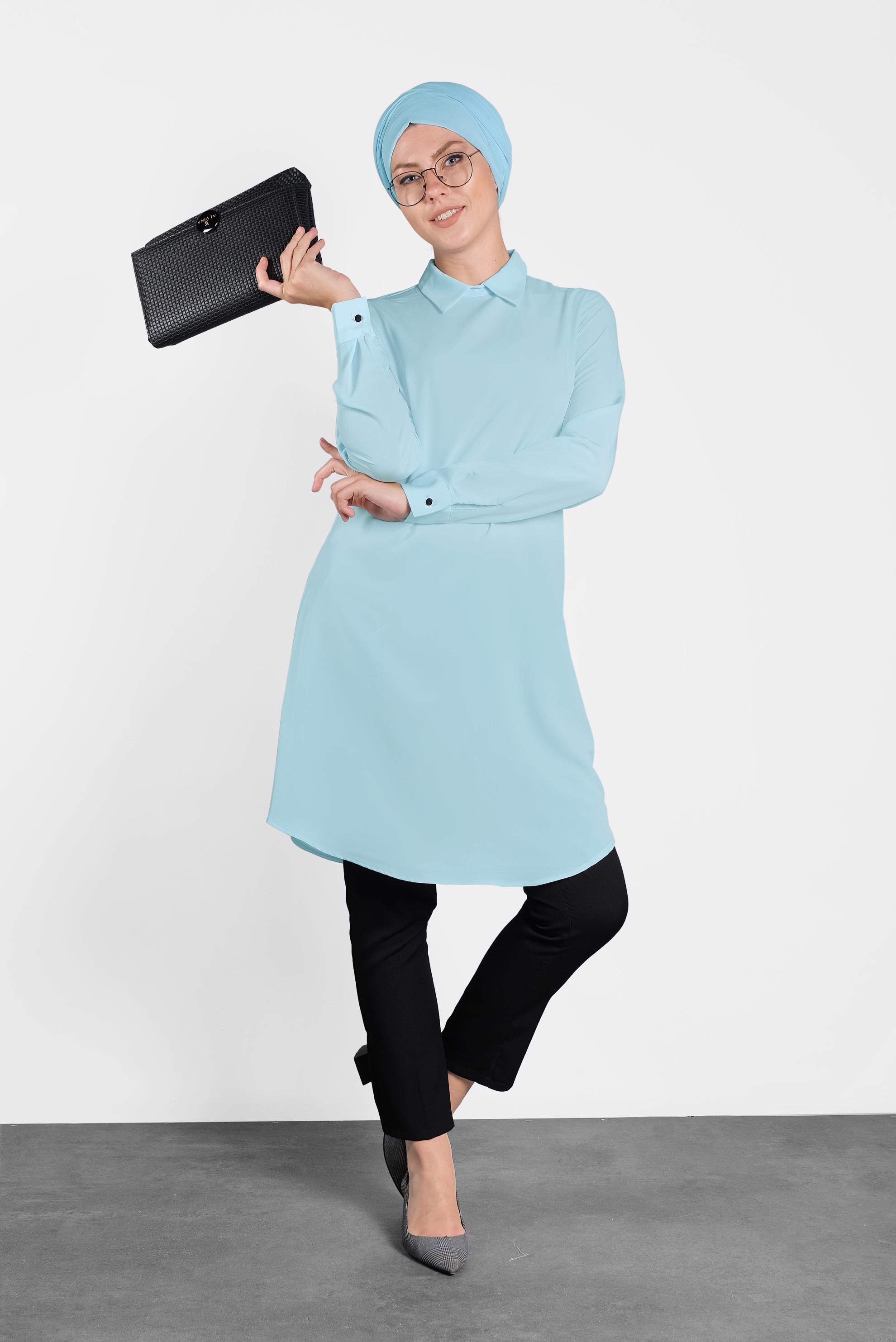 Tesettür giyim MAVİ  SIRTI FERMUARLI ERKEK YAKA TUNİK 4153-2 