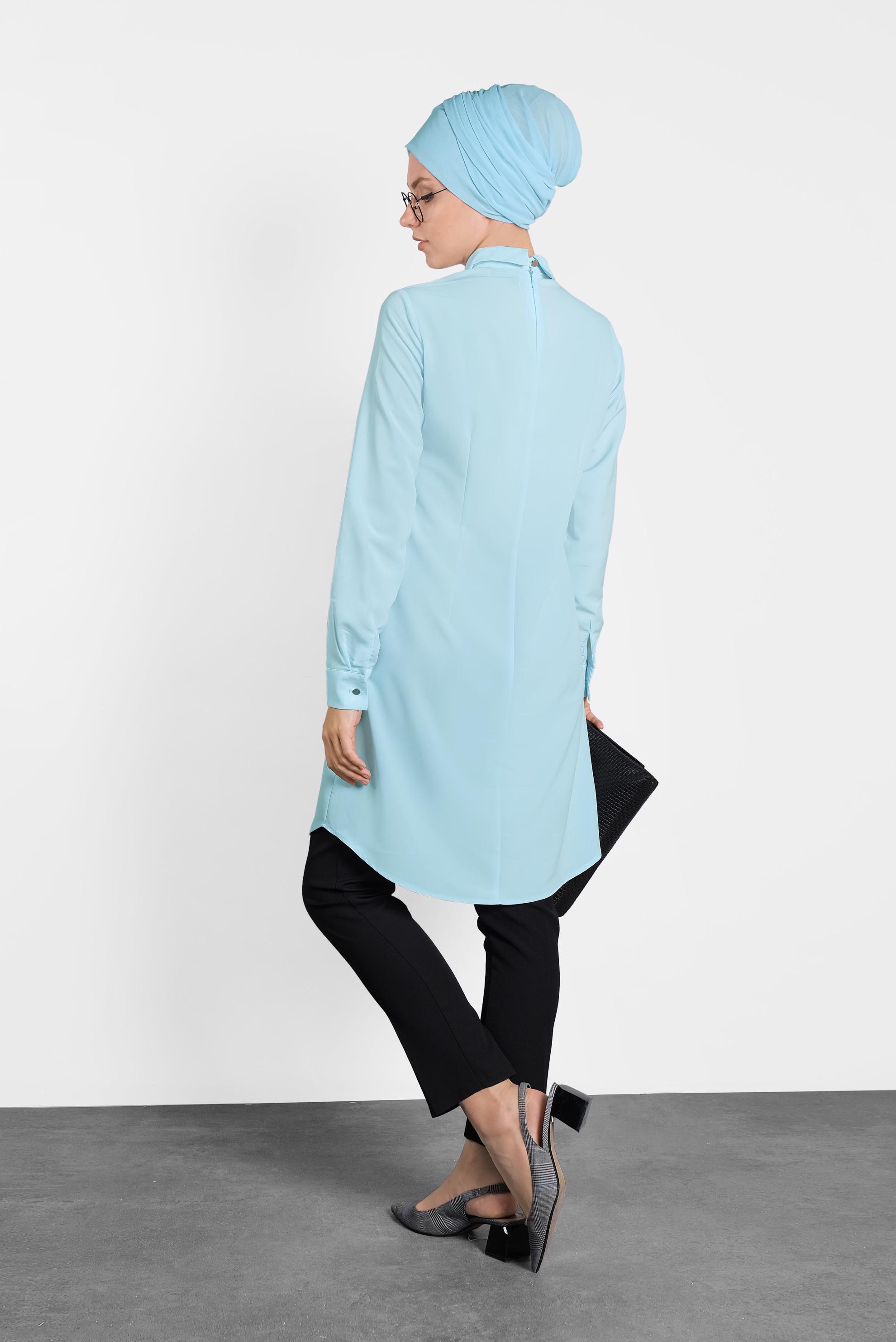 Tesettür giyim MAVİ  SIRTI FERMUARLI ERKEK YAKA TUNİK 4153-2 