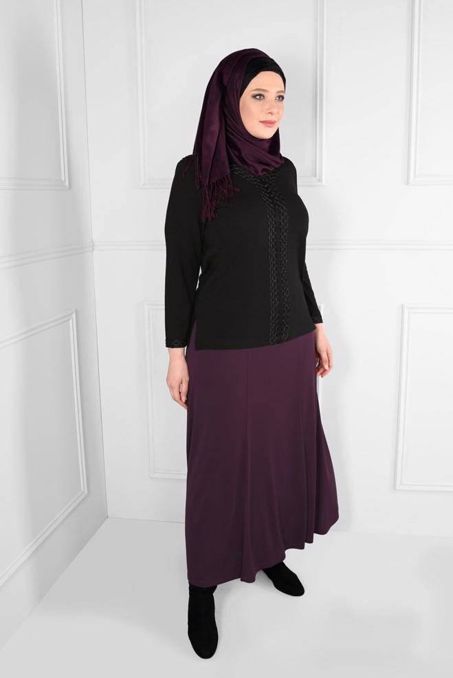 Tesettür giyim SİYAH NAKIŞLI V YAKA TRİKO BLUZ 2765 - ALVİNA