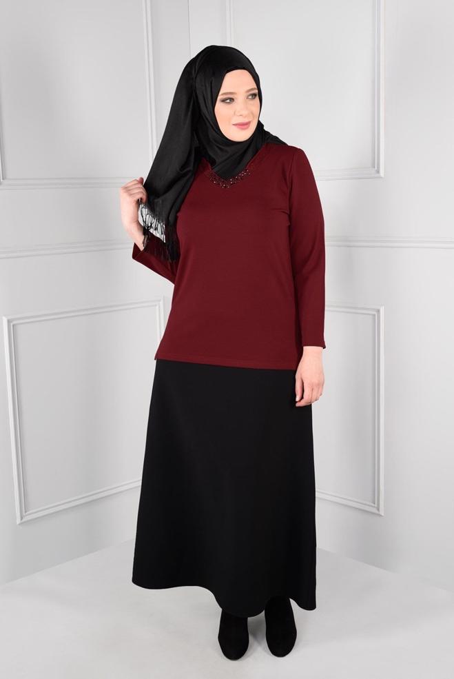 Hijab clothing RED KNIT TOP WITH SLITS 2769 - ALVİNA