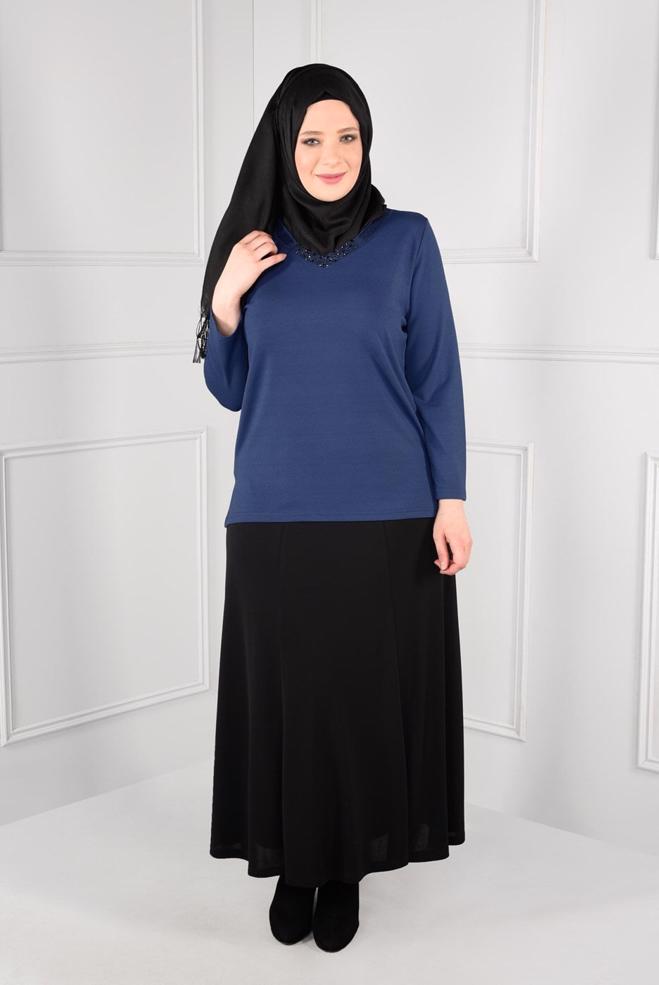 Hijab clothing NAVY BLUE KNIT TOP WITH SLITS 2769 - ALVİNA