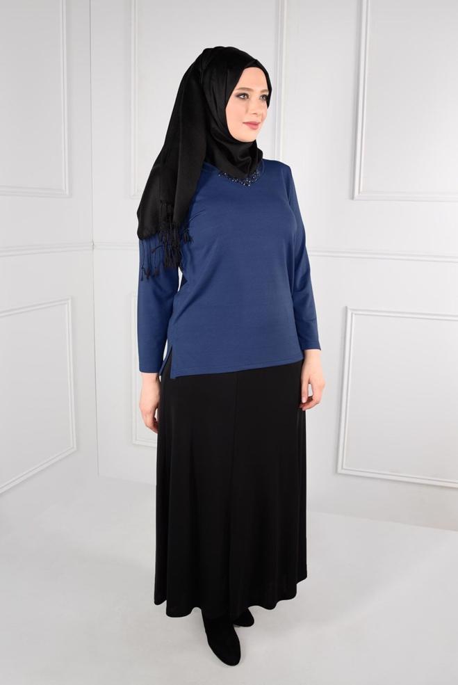 Hijab clothing NAVY BLUE KNIT TOP WITH SLITS 2769 - ALVİNA