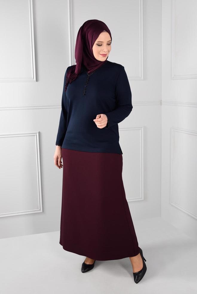 Vêtements hijab BLEU MARINE BLOUSE EN TRICOT ENCOLURE EN V 2770  - ALVİNA