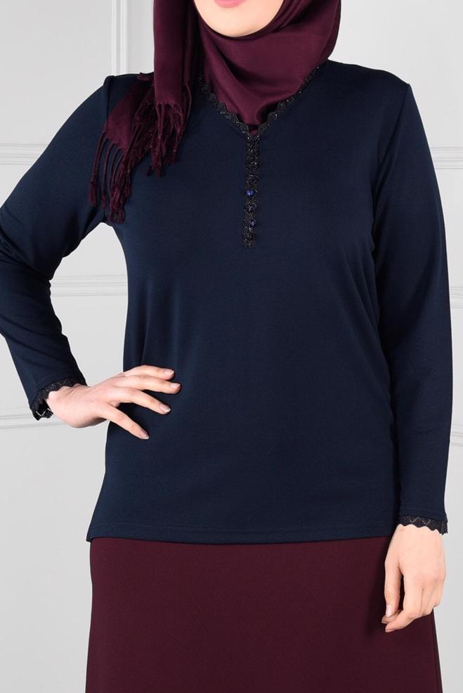 Vêtements hijab BLEU MARINE BLOUSE EN TRICOT ENCOLURE EN V 2770  - ALVİNA
