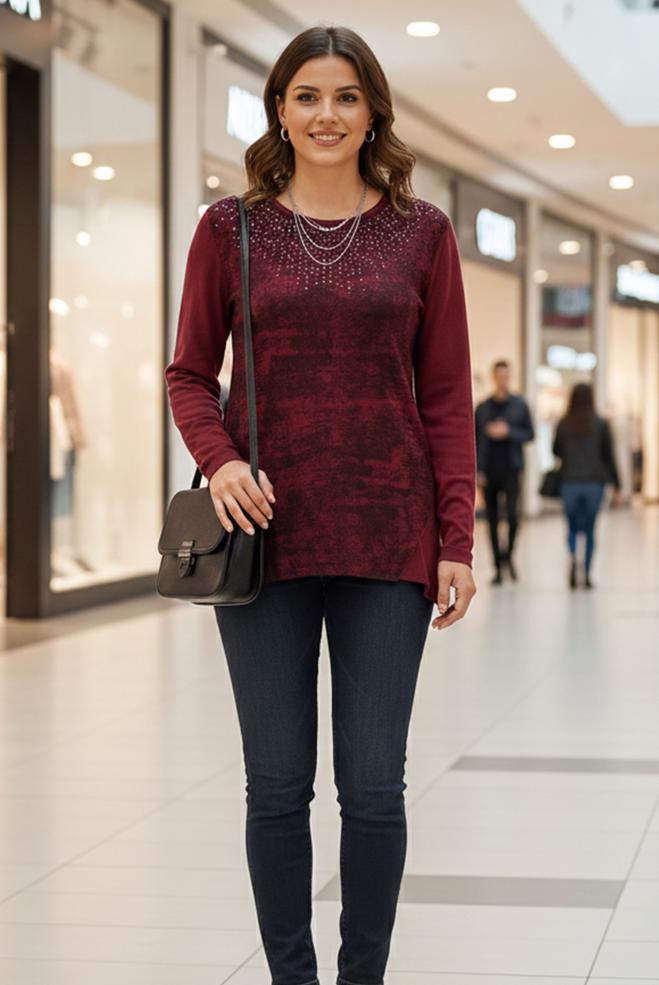 Hijab clothing CLARET RED GEM EMBROIDERED BLOUSE 2775 - ALVİNA