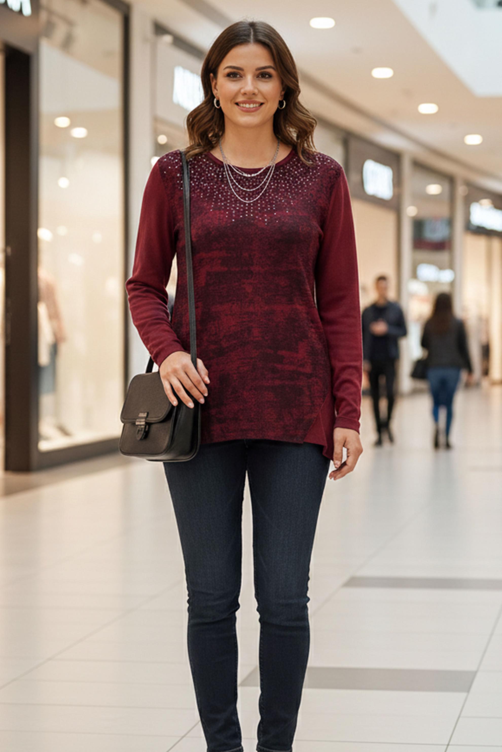 Tesettür giyim BORDO TAŞ BASKILI BLUZ 2775